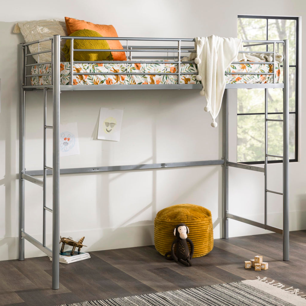 Walker Edison AZTOLSL Urban Modern Loft Bed Frame Powder-Coated Steel Silver Twin