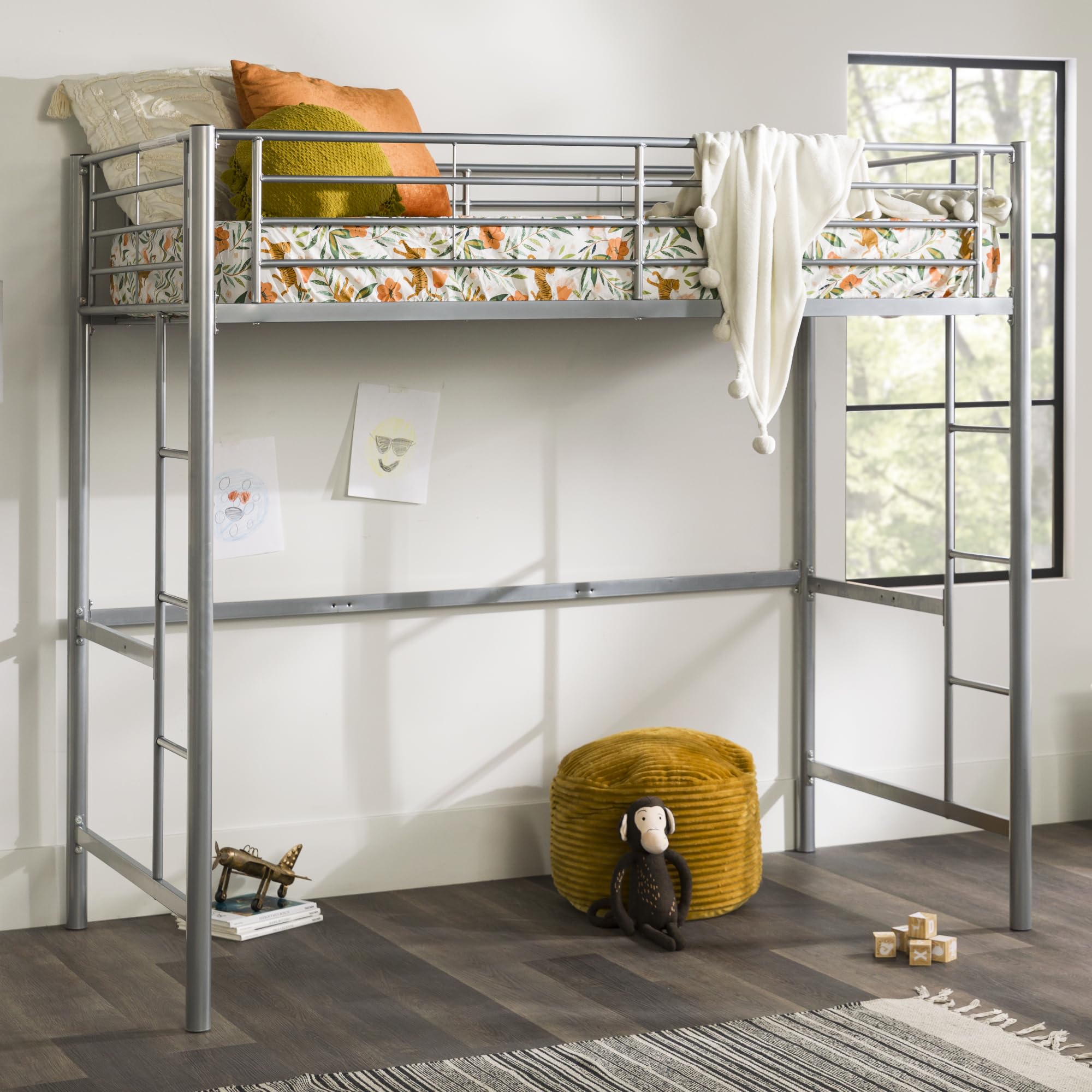 Walker Edison AZTOLSL Urban Modern Loft Bed Frame Powder-Coated Steel Silver Twin