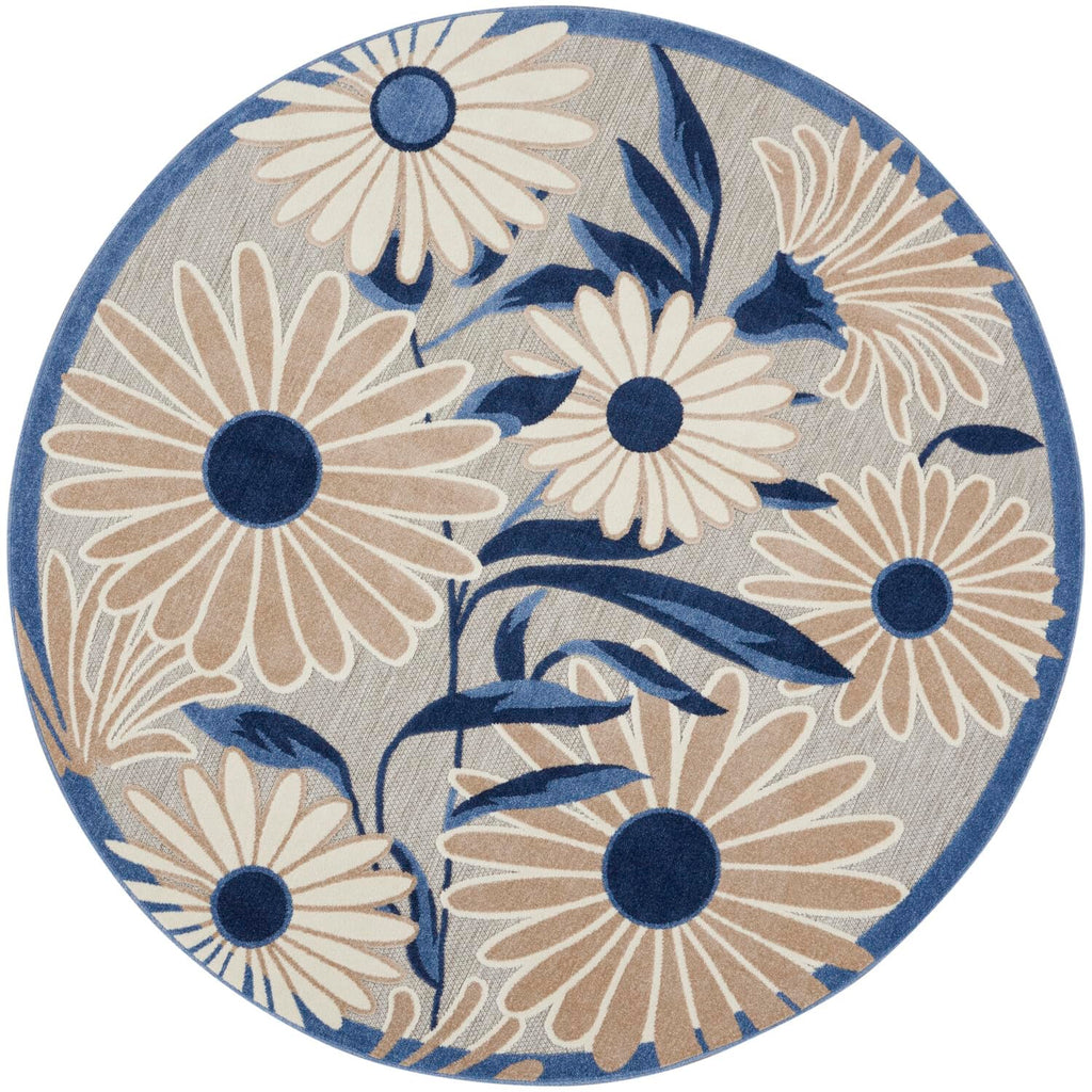 Nourison Aloha Outdoor Blue Grey 5'3' X Round Area Rug, Easy Cleaning, Non Shedding, Bed Room, Living Room, Dining Room, Deck, Backyard, Patio (5 Round)