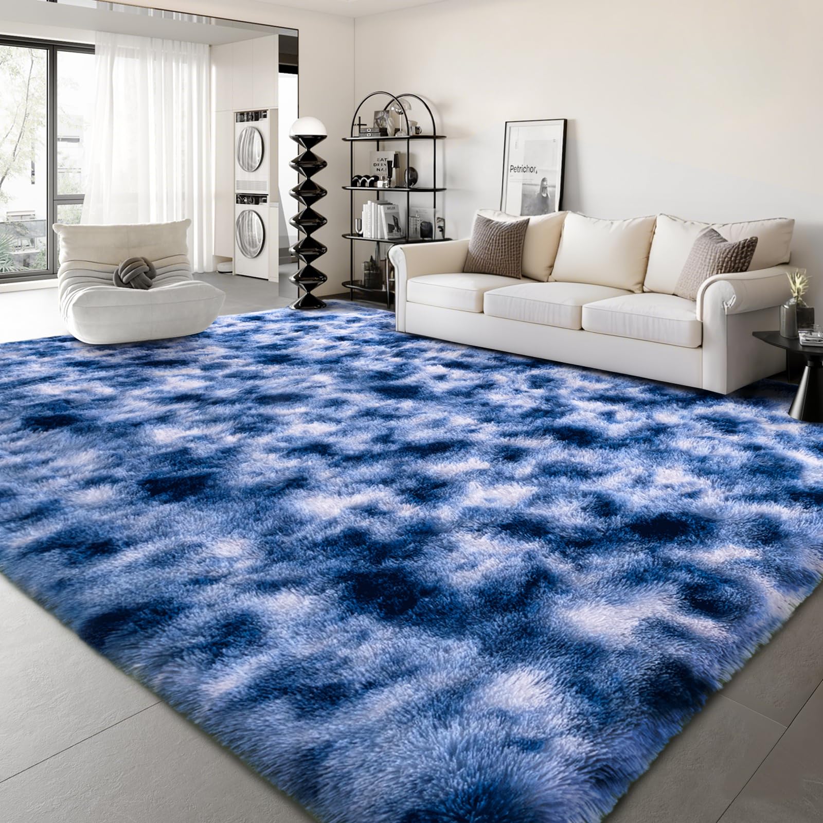 9x12 ft Fuzzy Rug for Living Room Soft Fluffy Blue White Bedroom Area Rugs Non-Slip Shaggy Carpet for Nursery Kids PlayRoom Dorm