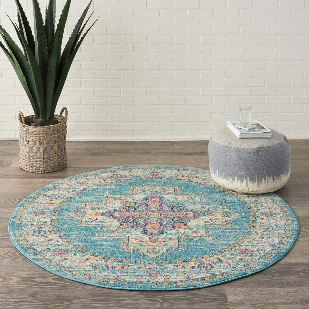 Nourison Passion Light Blue 4' X Round Area Rug, Boho, Traditional, Easy Cleaning, Non Shedding, Bed Room, Living Room, Hallway, (4' Round)