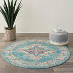 Nourison Passion Light Blue 4' X Round Area Rug, Boho, Traditional, Easy Cleaning, Non Shedding, Bed Room, Living Room, Hallway, (4' Round)