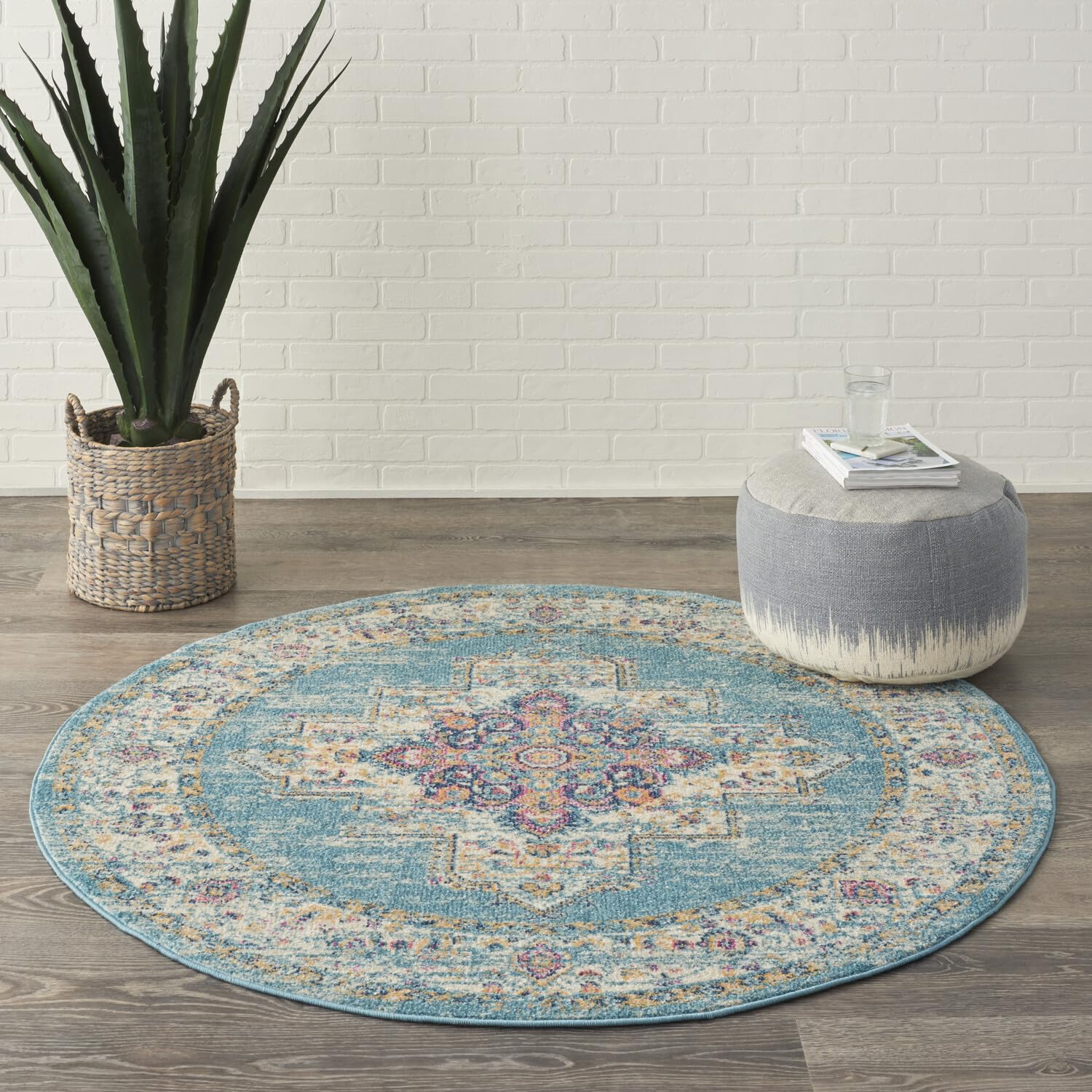Nourison Passion Light Blue 4' X Round Area Rug, Boho, Traditional, Easy Cleaning, Non Shedding, Bed Room, Living Room, Hallway, (4' Round)