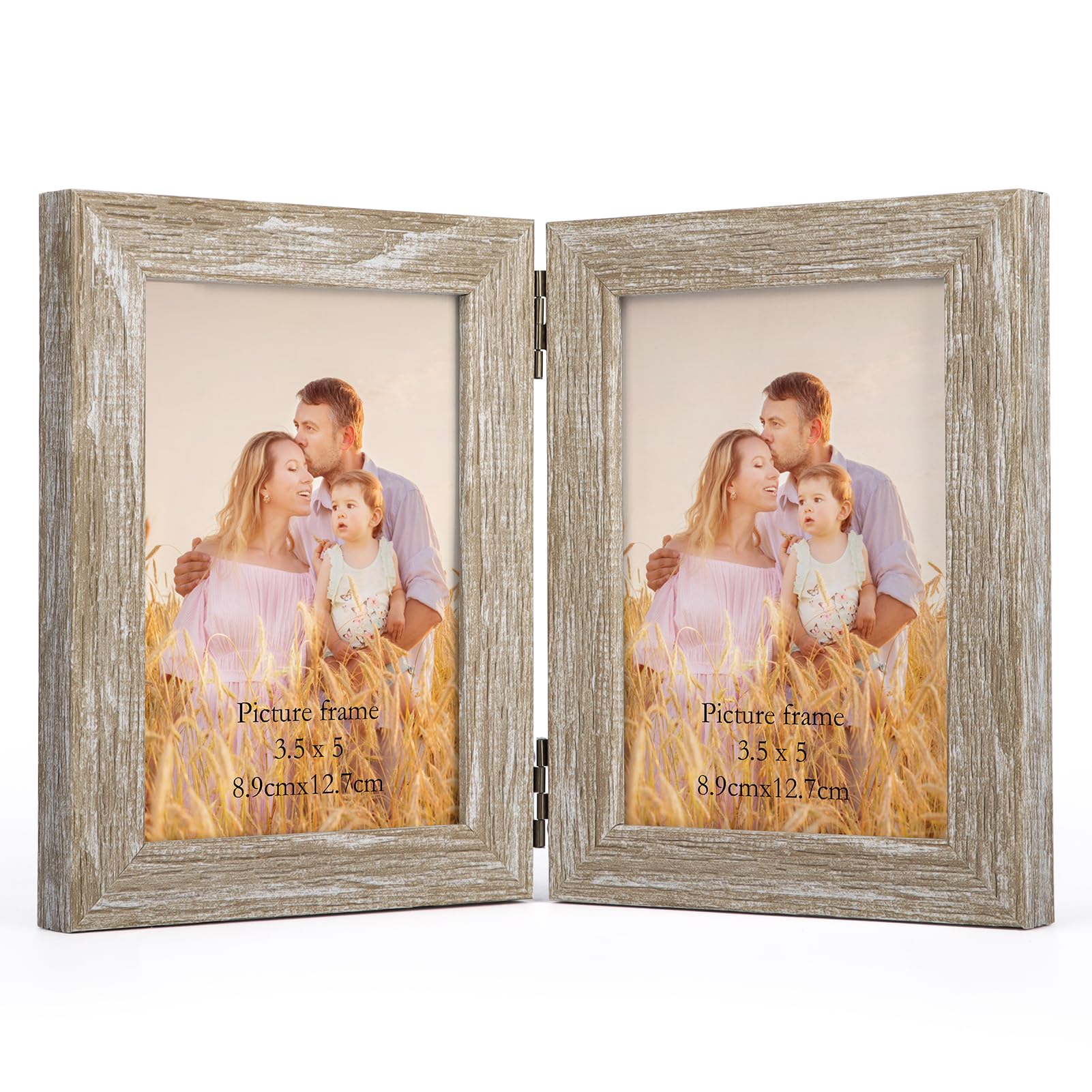 Lyeasw Double Hinged 3.5x5 Picture Frame, Rustic Two Opening 3.5 by 5 Photo Frame with Glass, Beige Folding Frame for Tabletop o