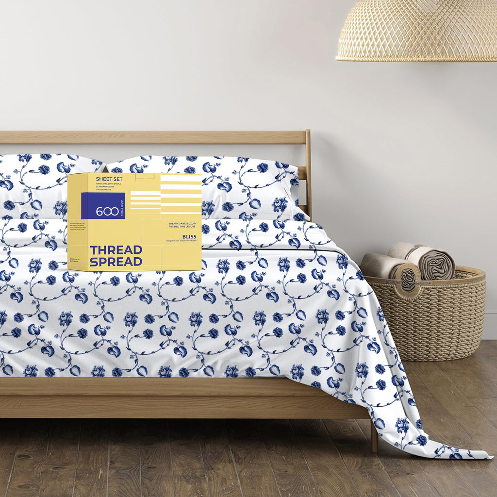 Thread Spread 100% Egyptian Cotton Printed Bed Sheets - 600 Thread Count 4 Pc Queen Sheet Set, Hotel Luxury Sateen Bedsheets, 16' Deep Pocket Soft Cooling Sheets For Queen Size Bed - Floral Blue