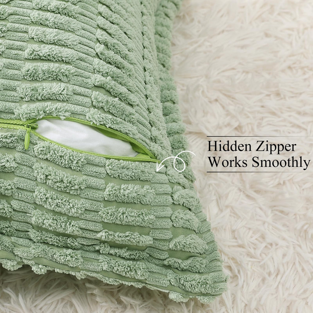Decoruhome Decorative Spring Sage Green Throw Pillow Covers 18X18 Set Of 2 With Splicing, Boho Soft Corduroy Broadside Twill Pil