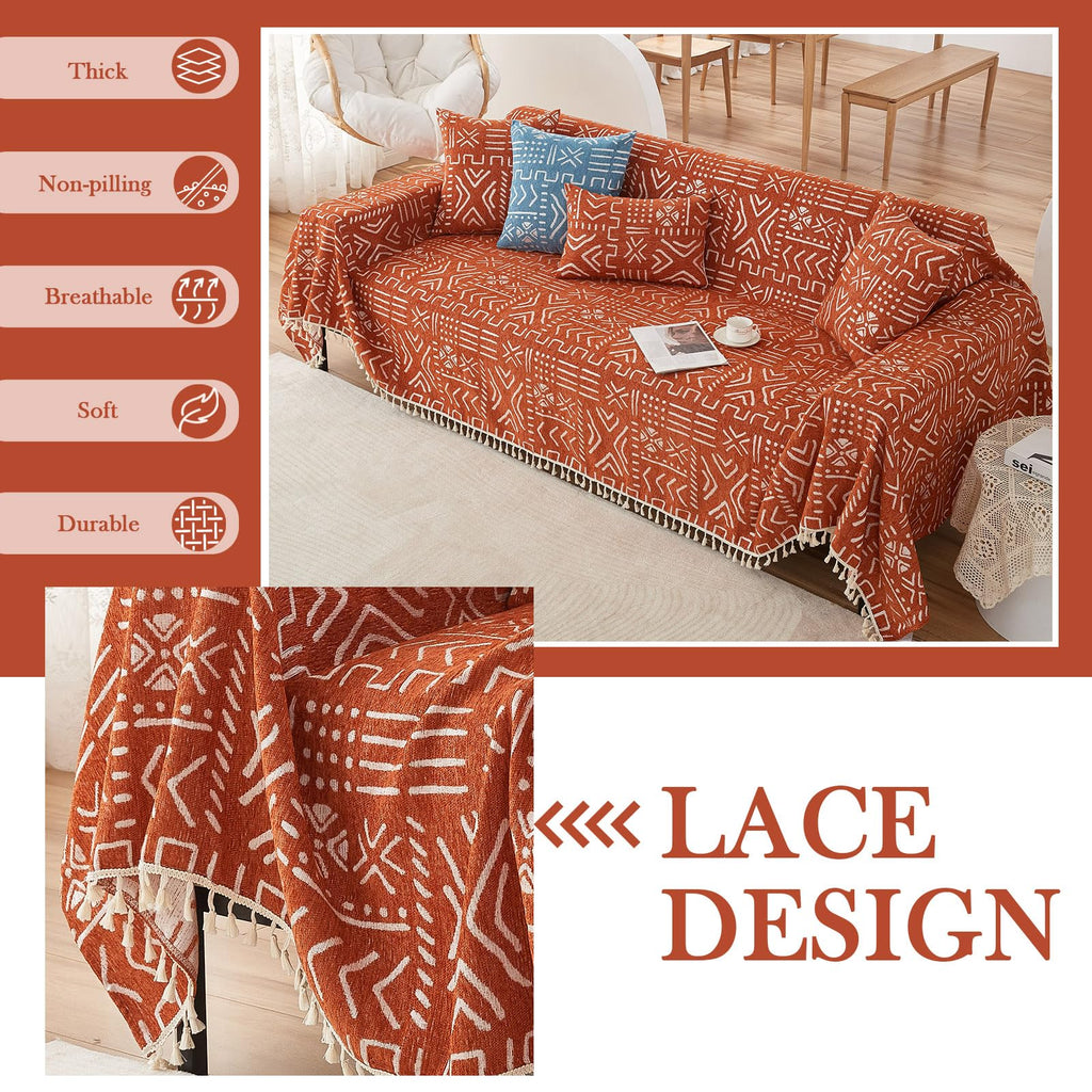 Handontime Boho Aztec Sofa Slipcover For Sofa/Couch Farmhouse Geometric Couch Protector For Dogs With Tassel Brick Orange Couch Covers Sofa Cover For Dogs Cats Kids Bohemian Sofa Décor, 71' X134'