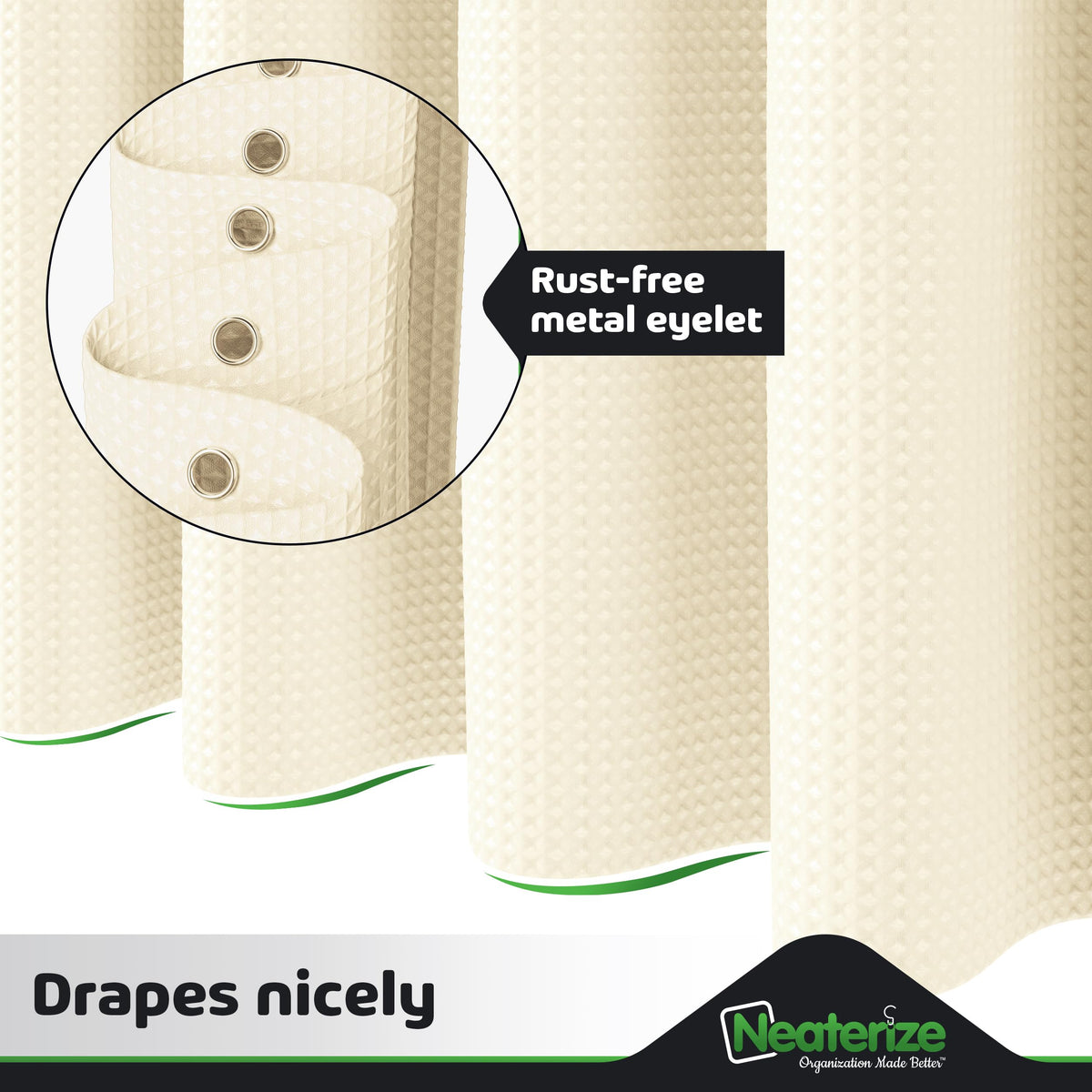 Neaterize Stall Shower Curtain Cream - Hotel Style Cream Shower Curtains For Bathroom With Waffle Design, 36X72 Inches - Fabric