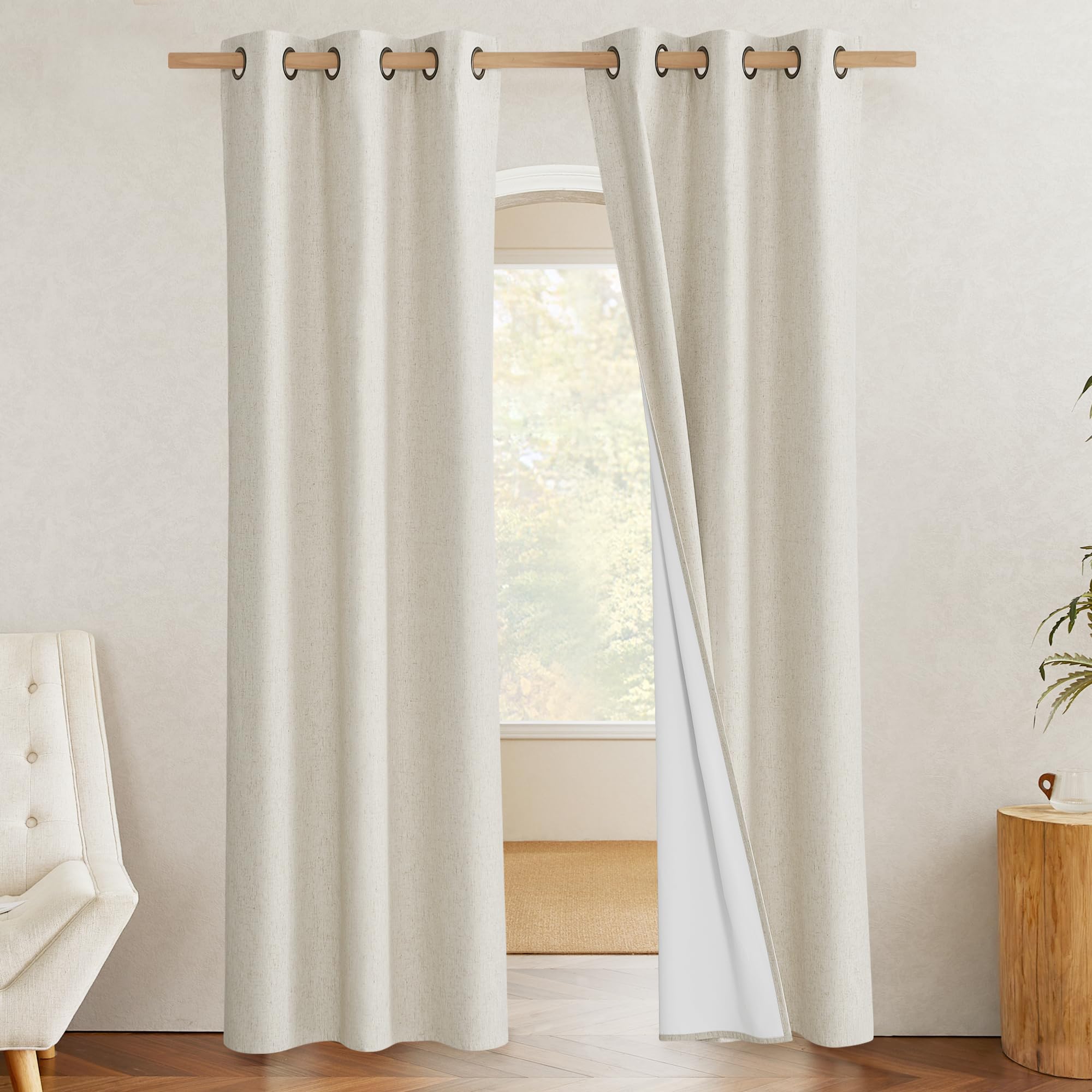 Nicetown Farmhouse Style 100% Blackout Natural Linen Curtains 90 Inches Length, 2 Panels, 42' W, Room Cooling Window Draperies With Thermal Insulated Liners For Dining Room