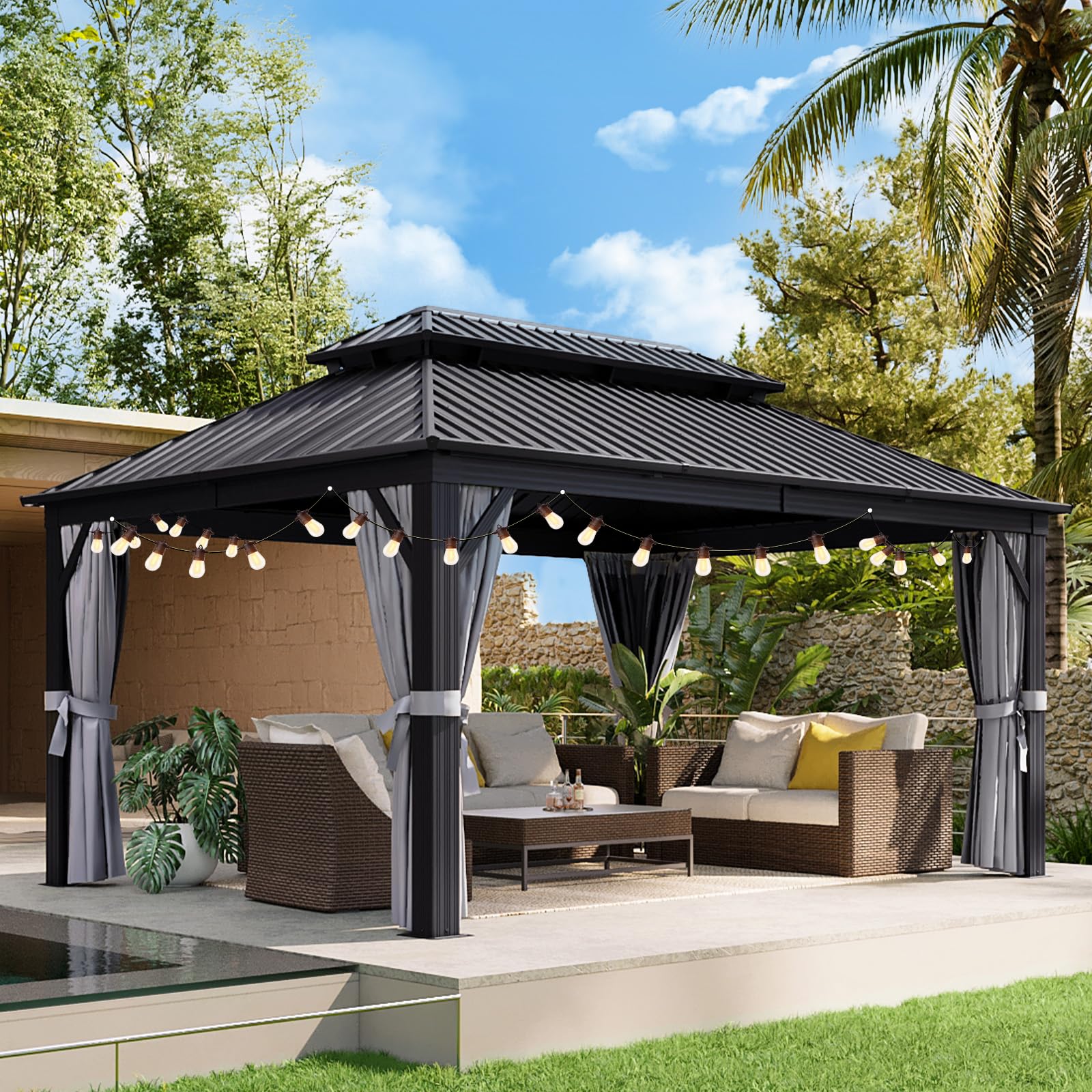 Aoxun Hardtop Gazebo 12Ft X 16Ft, Outdoor Pergolas With Mosquito Netting And Curtains, Galvanized Steel Double Roof Permanent Al