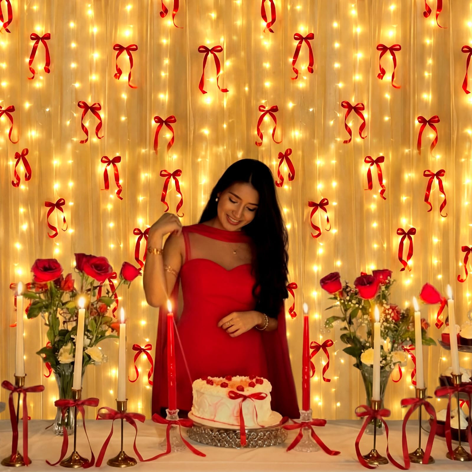 Lewtemi Valentines Bow Garland with Curtain String Lights Valentines Day Decorations String Lights Red Bow Garland Romantic Wind