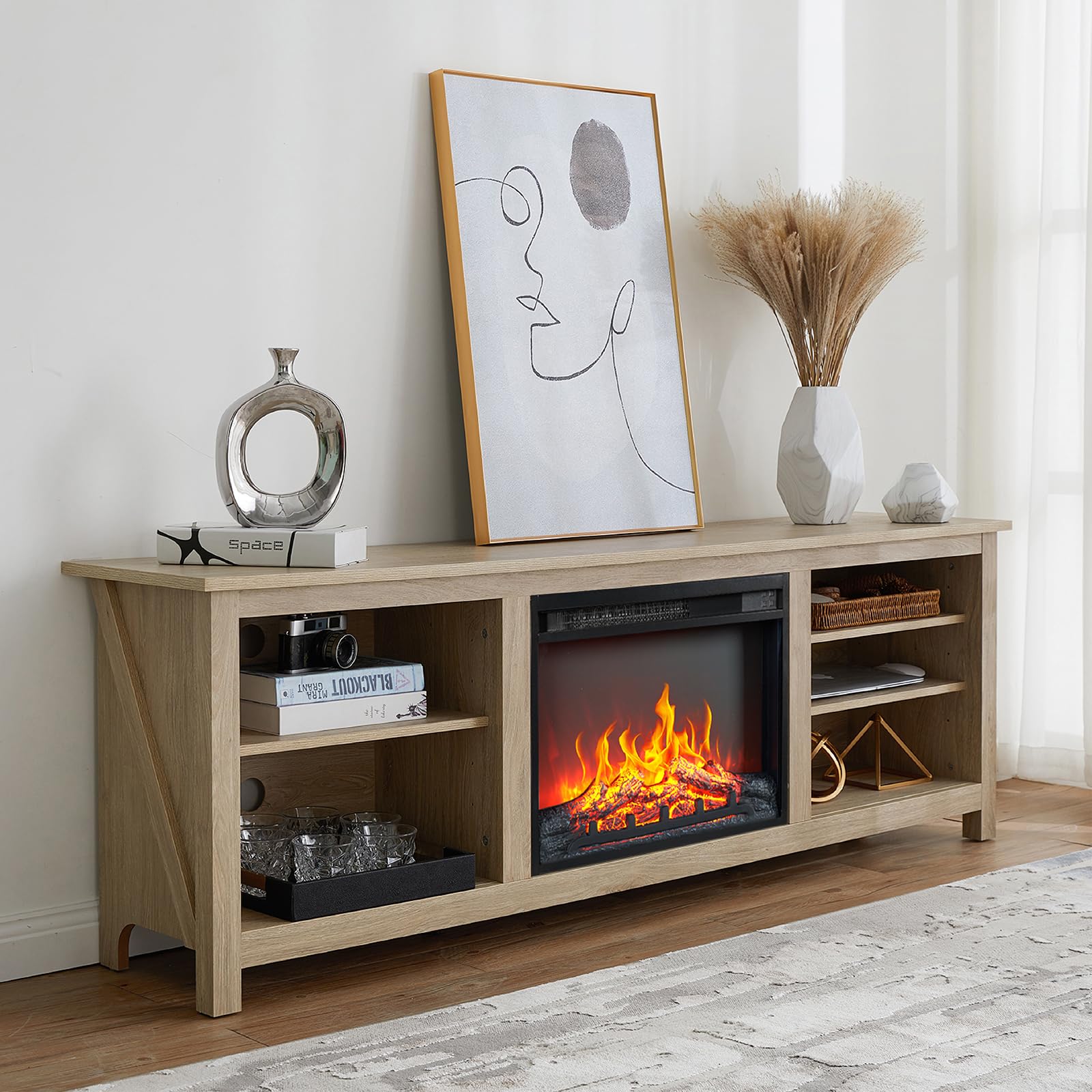 Amerlife Fireplace TV Stand, Wood Texture Entertainment Center with 23 Electric Fireplace, Farmhouse Entertainment Stand Media T