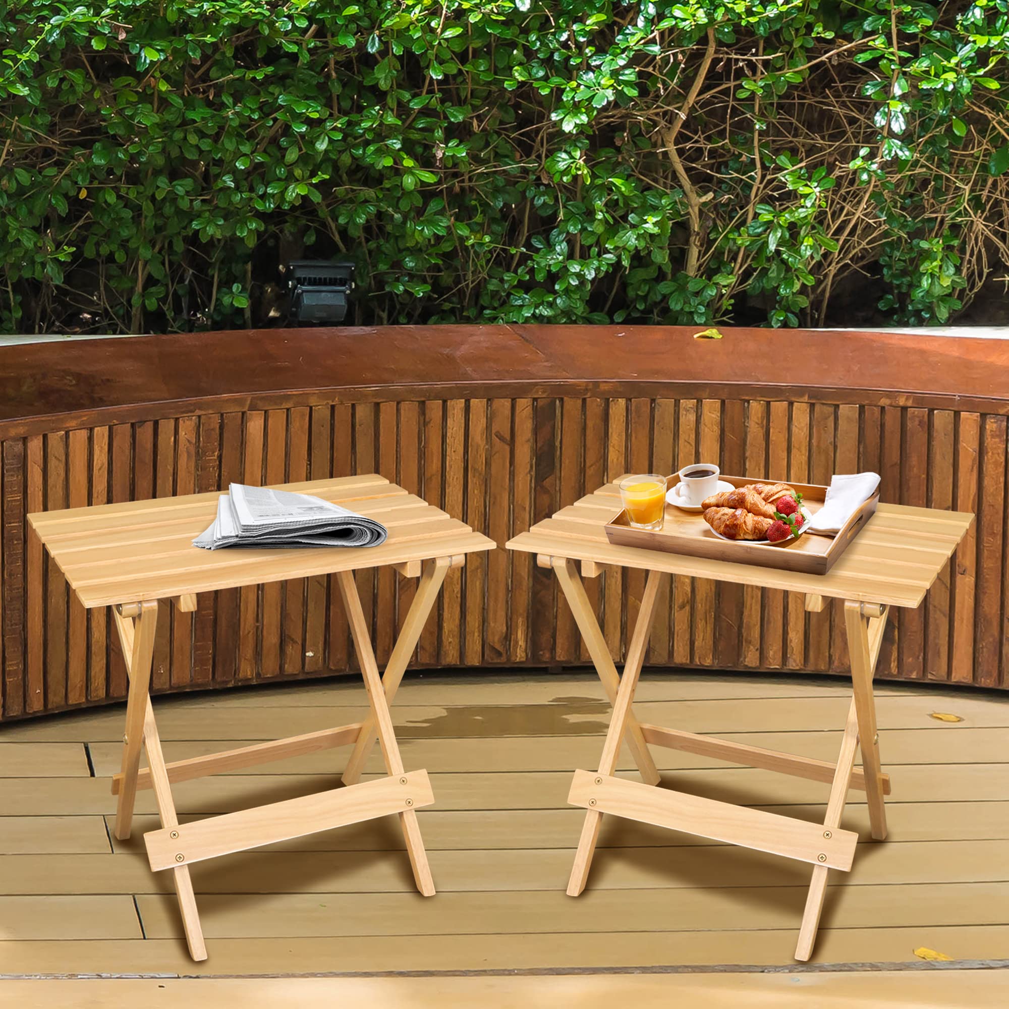 Casual Home 2-Piece Set Solid Wood Portable Folding Side Table, Plant Stand, Natural