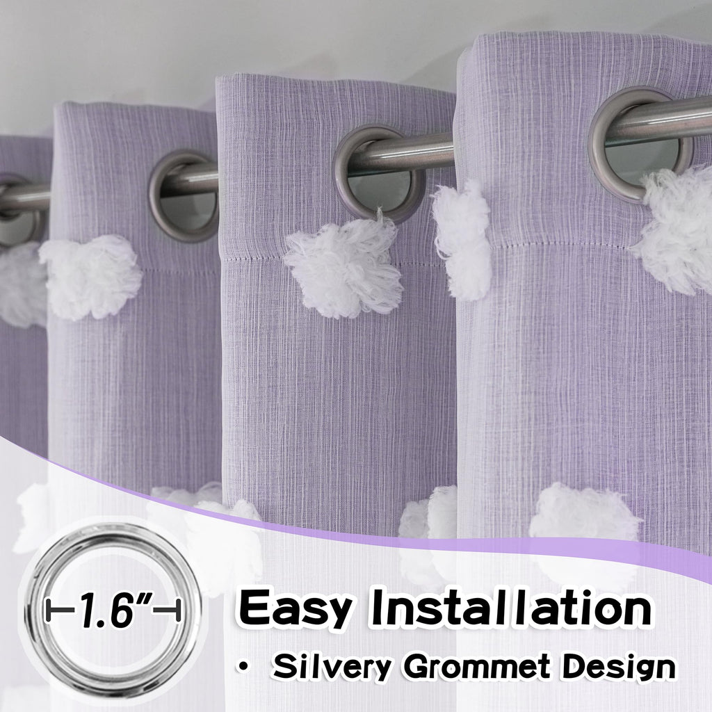Mysky Home Lilac Curtains For Girls Bedroom Kids Curtain 54 Inches Length White Pom Pom Sheer Small Window Curtains 2 Panels Double Layer Curtains Grommet Room Darkening Nursery Curtains, W52 X L54