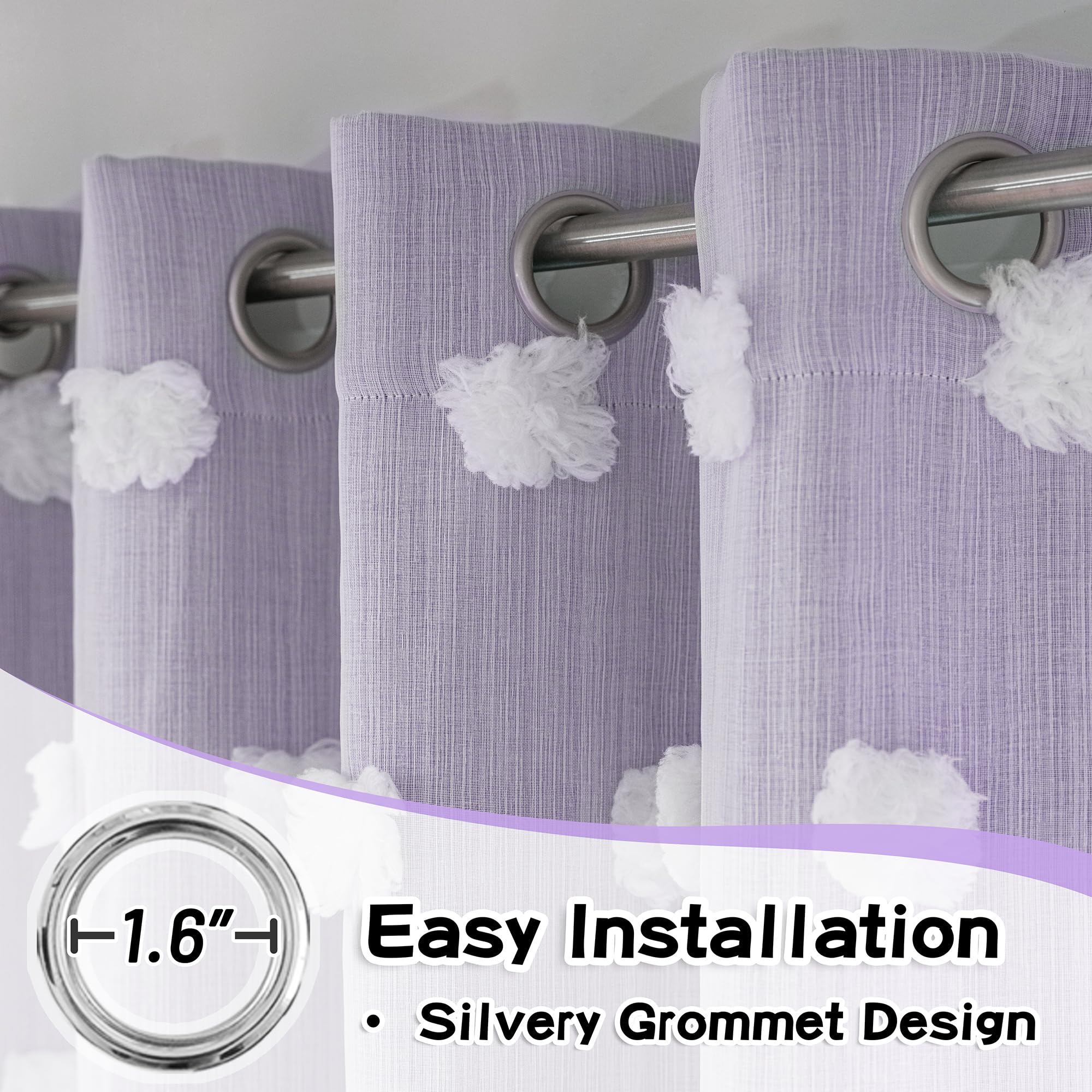Mysky Home Lilac Curtains For Girls Bedroom Kids Curtain 54 Inches Length White Pom Pom Sheer Small Window Curtains 2 Panels Double Layer Curtains Grommet Room Darkening Nursery Curtains, W52 X L54