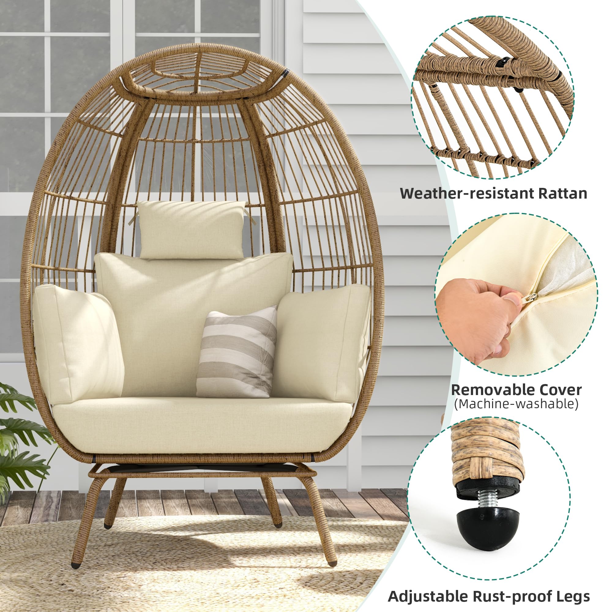 Yitahome Egg Chair Outdoor, 370Lbs Capacity Wicker Patio Basket Chair, All-Weather Oversized Stationary Egg Lounger Chair For Indoor Living Room Outside Balcony Backyard (Beige)