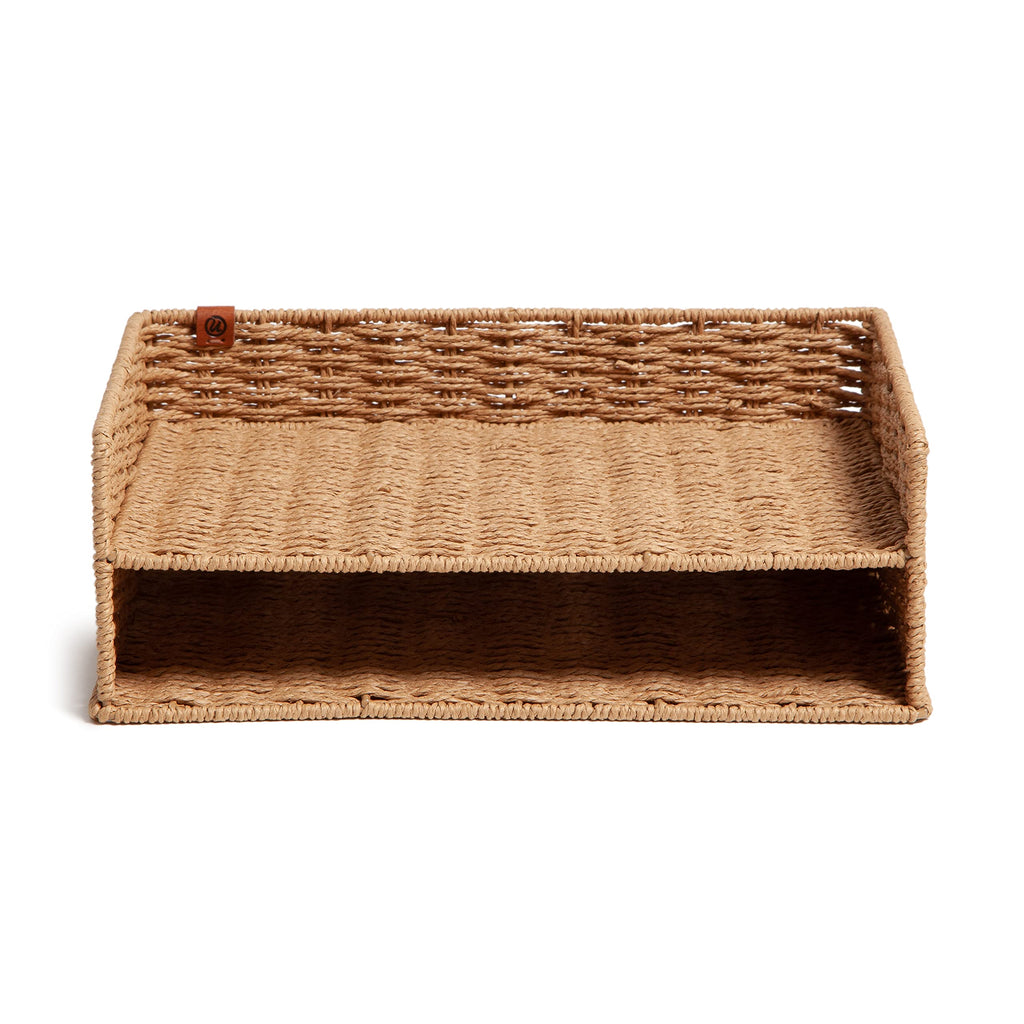 U Brands Woven Two-Tier Paper Tray, Rattan-Inspired Wicker Style Office Organization Supplies, 1 Count