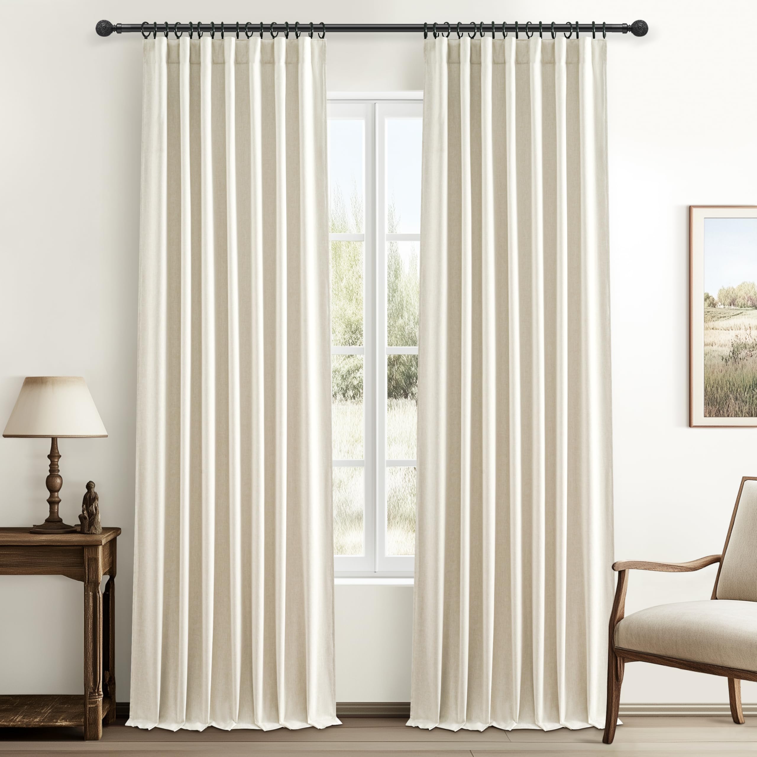 QJmydeco Linen Blend Cream Colored Curtains 102 Inches Long for Dining Room 2 Panels Set, Blackout Farmhouse Country Pleated Win