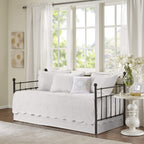 Madison Park Tuscany Daybed Cover Set-Trendy Damask Quilting With Scalloped Edges All Season Luxury Bedding With Bedskirt, Matching Shams, Decorative Pillow, White, 39'X75', 6 Piece