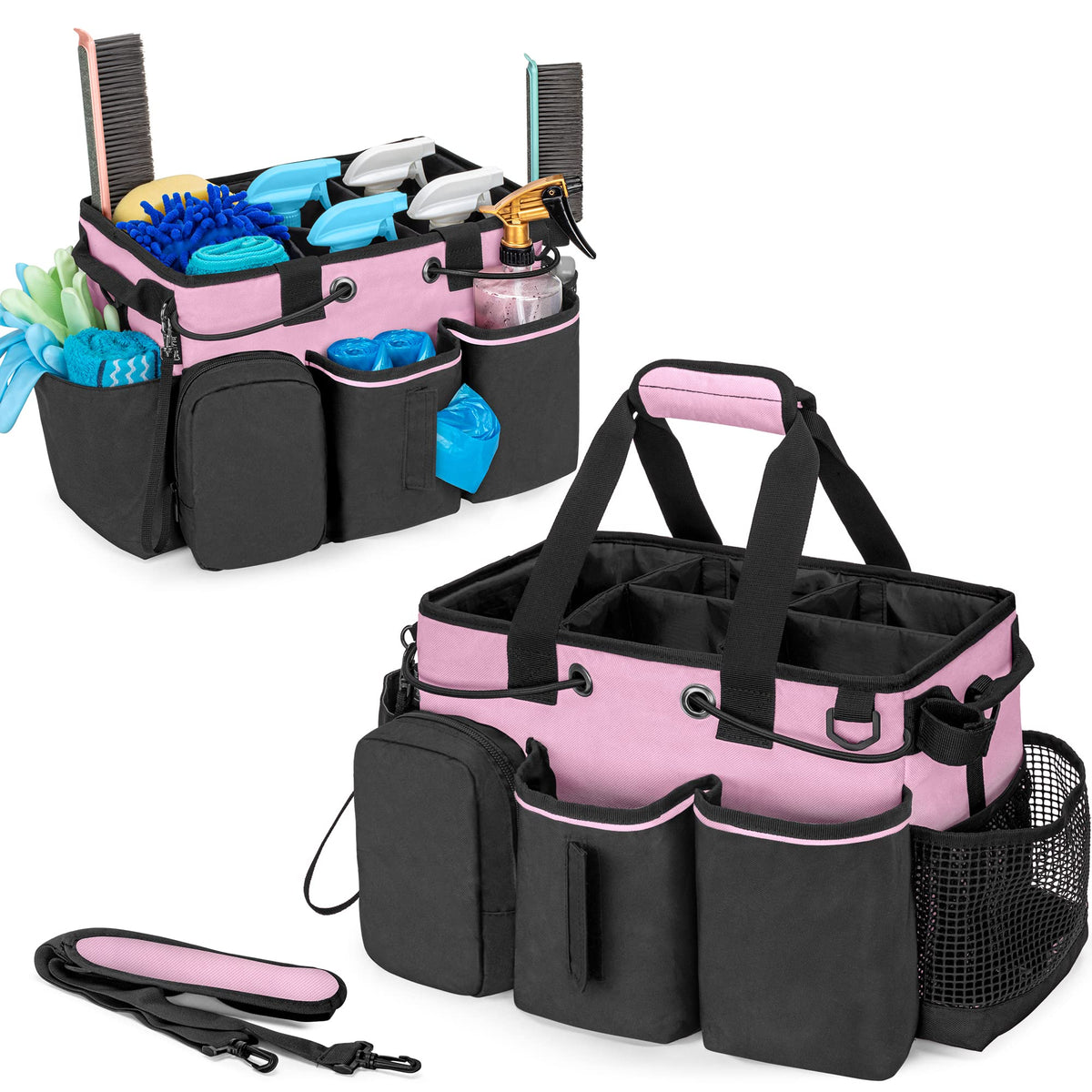 LoDrid Large Professional Cleaning Caddy with Detachable Divider, Supply Organizer with Handle and Shoulder Strap, Cleaning Bags