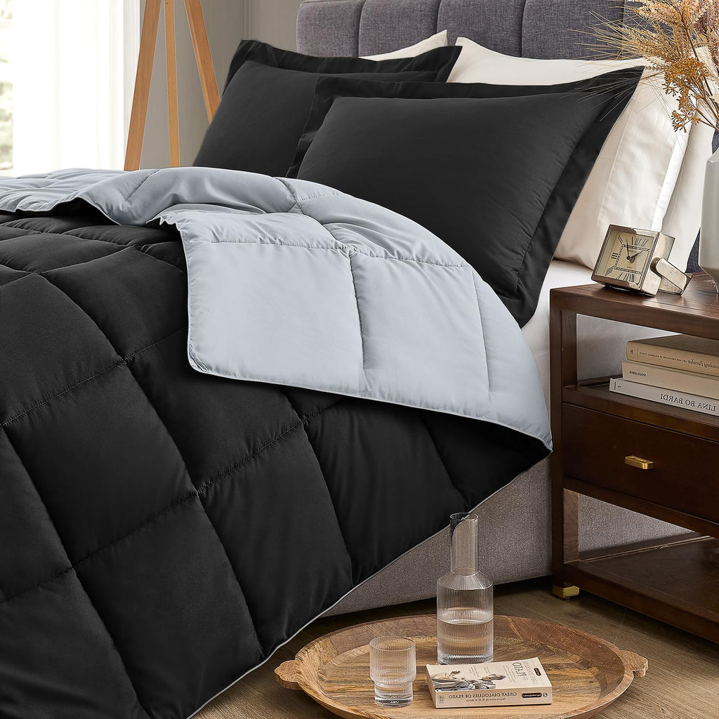 Homelike Moment Oversized Queen Comforter Set Black, Lightweight Reversible Down Alternative Bed Comforter Sets, Soft All Season