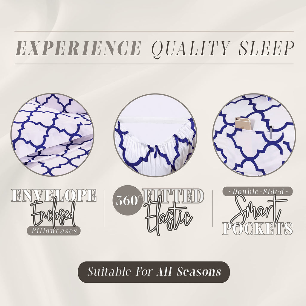 Elegant Comfort 4-Piece Moroccan Trellis Print Sheet Set, Super Cozy, Fade And Wrinkle Resistant, 1500 Premium Hotel Quality Microfiber, Deep Pocket Fitted Sheet With Smart Pockets, Twin Xl, Blue