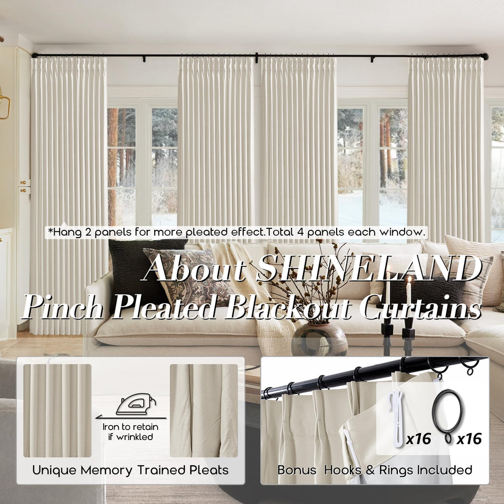 Shineland Beige Blackout Curtains 96 Inches Long For Farmhouse Living Room,Light Blocking Linen Pinch Pleated Shabby Chic Curtains For Bedroom Farm House 2 Panels Set