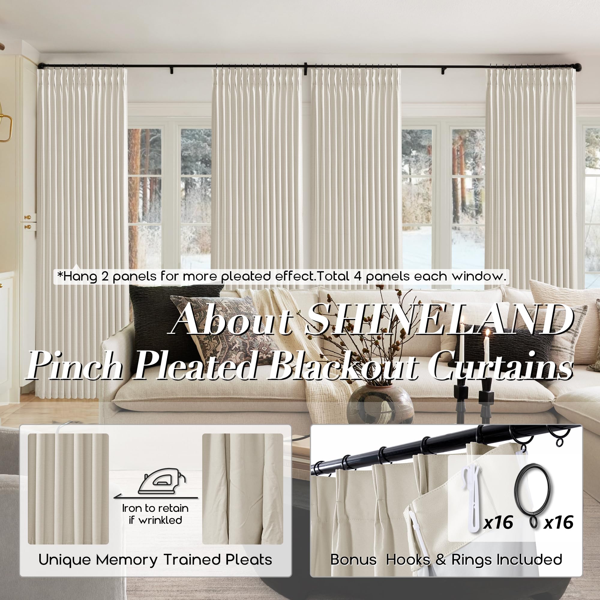 Shineland Beige Blackout Curtains 96 Inches Long For Farmhouse Living Room,Light Blocking Linen Pinch Pleated Shabby Chic Curtains For Bedroom Farm House 2 Panels Set