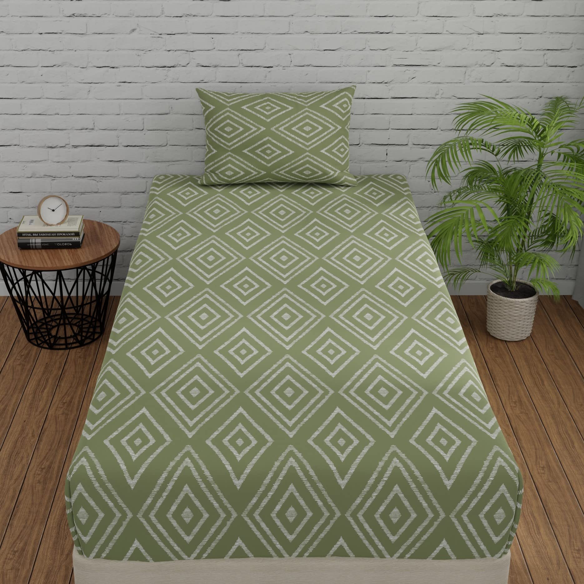 Huesland By Ahmedabad Cotton 144 Tc Elastic Fitted Bedsheets Single Bed Cotton With 1 Pillow Cover | 3Ft X 6.5Ft | Sage Green