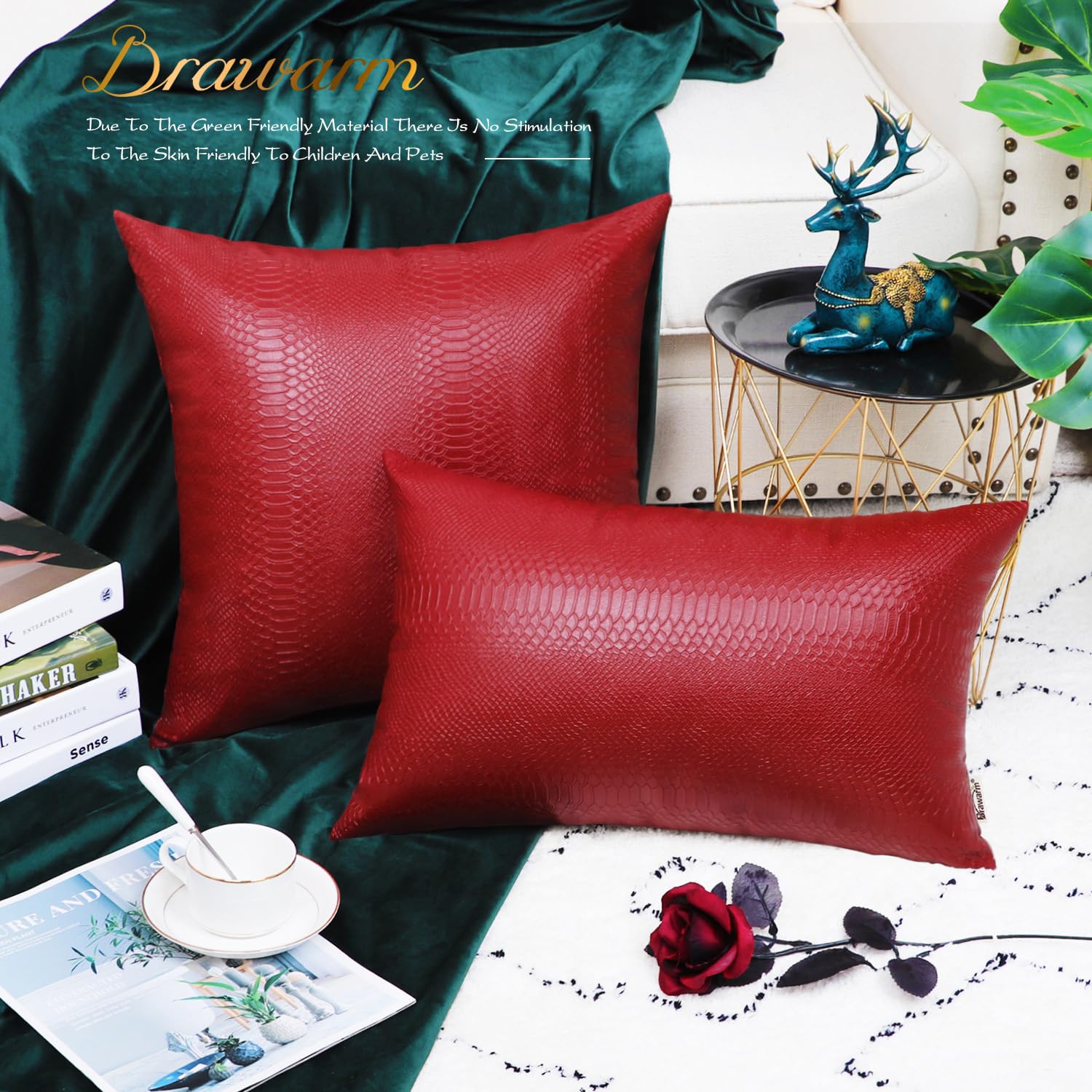 Brawarm Christmas Red Leather Throw Pillows 12 X 20 Inches, Snake Leather Pillow Covers Pack Of 2, Faux Leather Decorative Lumba