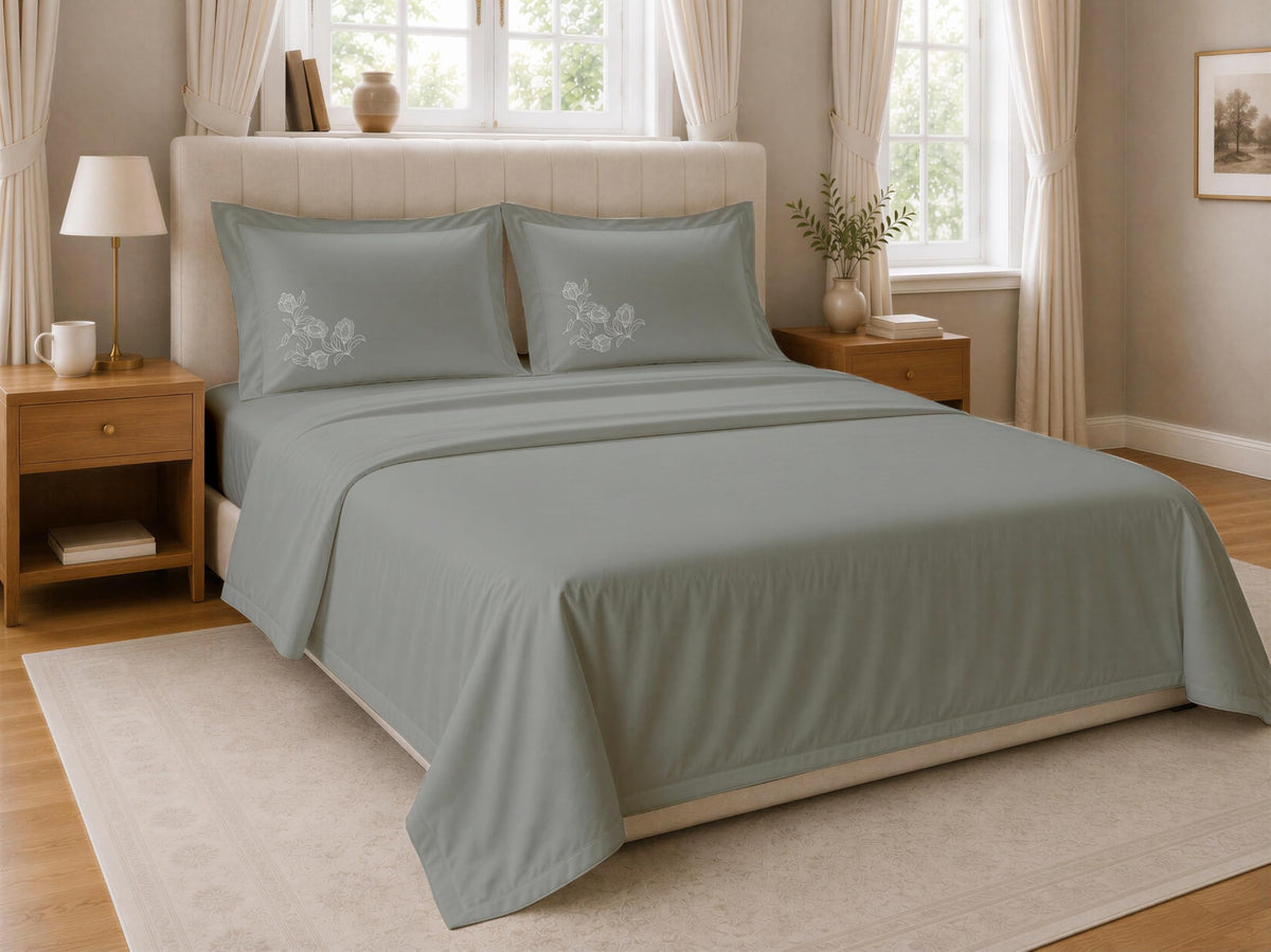 Habbitlives The Mainstay Hlms08 Pure Cotton Bedsheet Set Ash Color Bed Sheet With 2 Embroidered Pillow Covers Breathable Cotto