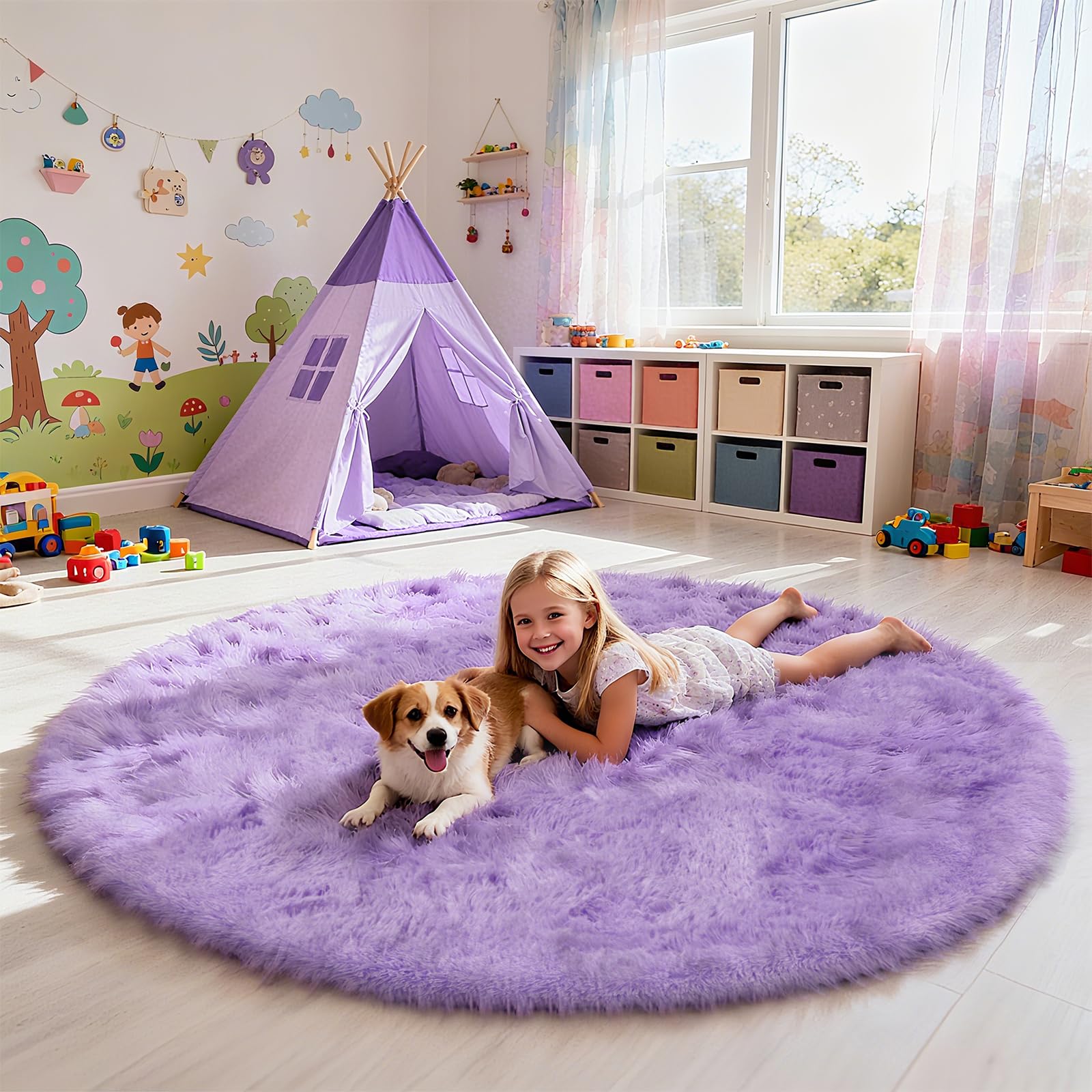 yulidayang Purple Fluffy Round Area Rugs for Bedroom,3'X3'Shag Circle Area Rugs for Girls Room,Non Slip Fuzzy Plush Rug for Kids