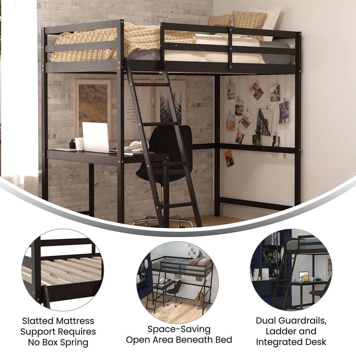 Flash Furniture Riley Loft Bed Frame with Desk - Espresso Wood Slats - Twin Size - Protective Guard Rails & Ladder - Kids and Teens - Space Saving Design