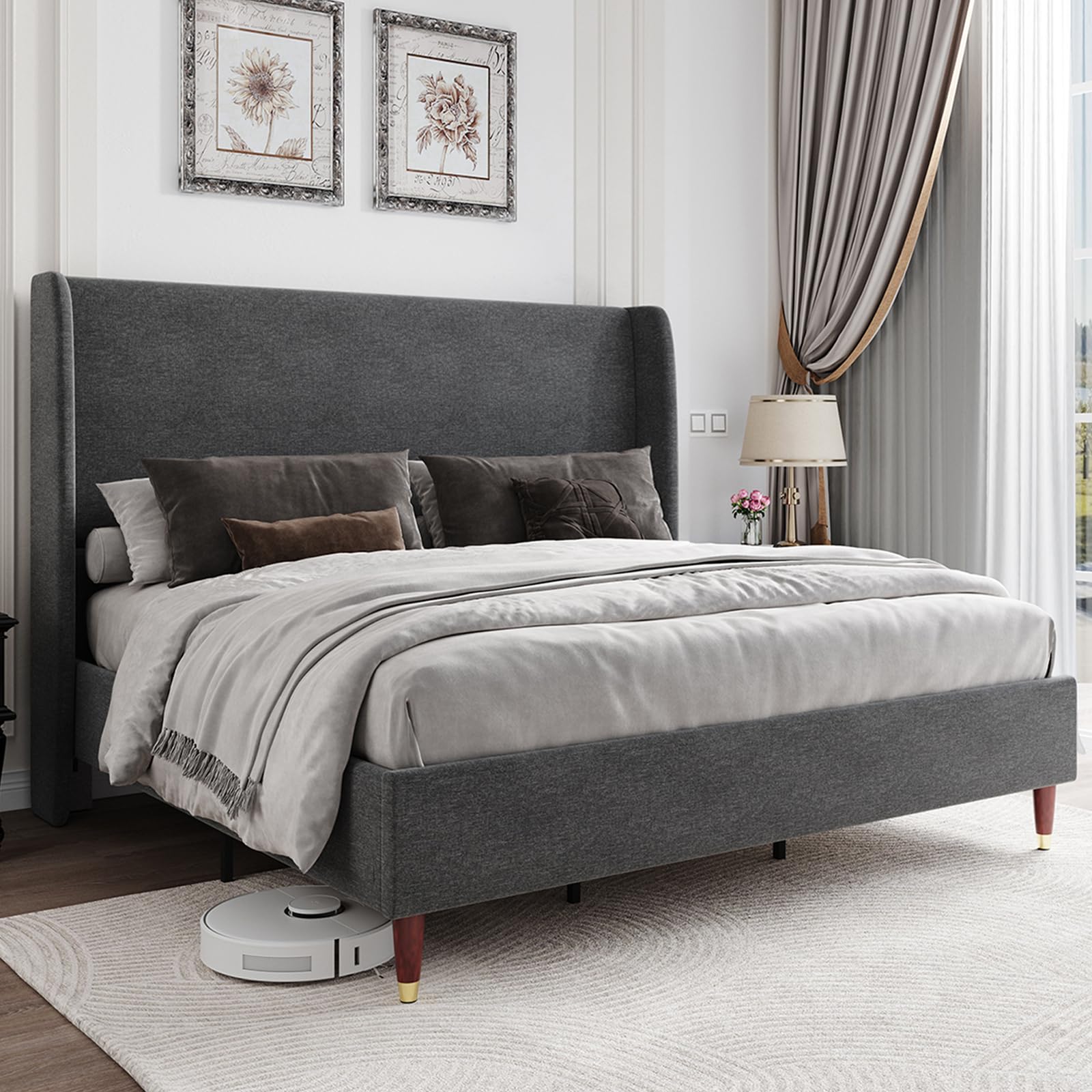 Jocisland King Size Bed Frame Upholstered Bed Frame King Platform Bed with Wingback Headboard/No Box Spring Needed/Easy Assembly
