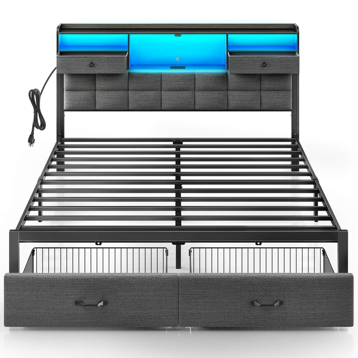 Rolanstar Bed Frame King Size With Drawers And Charging Station, Upholstered Platform Bed With Storage Headboard And Led Light, Heavy Duty Metal Frame Support, No Box Spring Needed, Noise Free, Grey