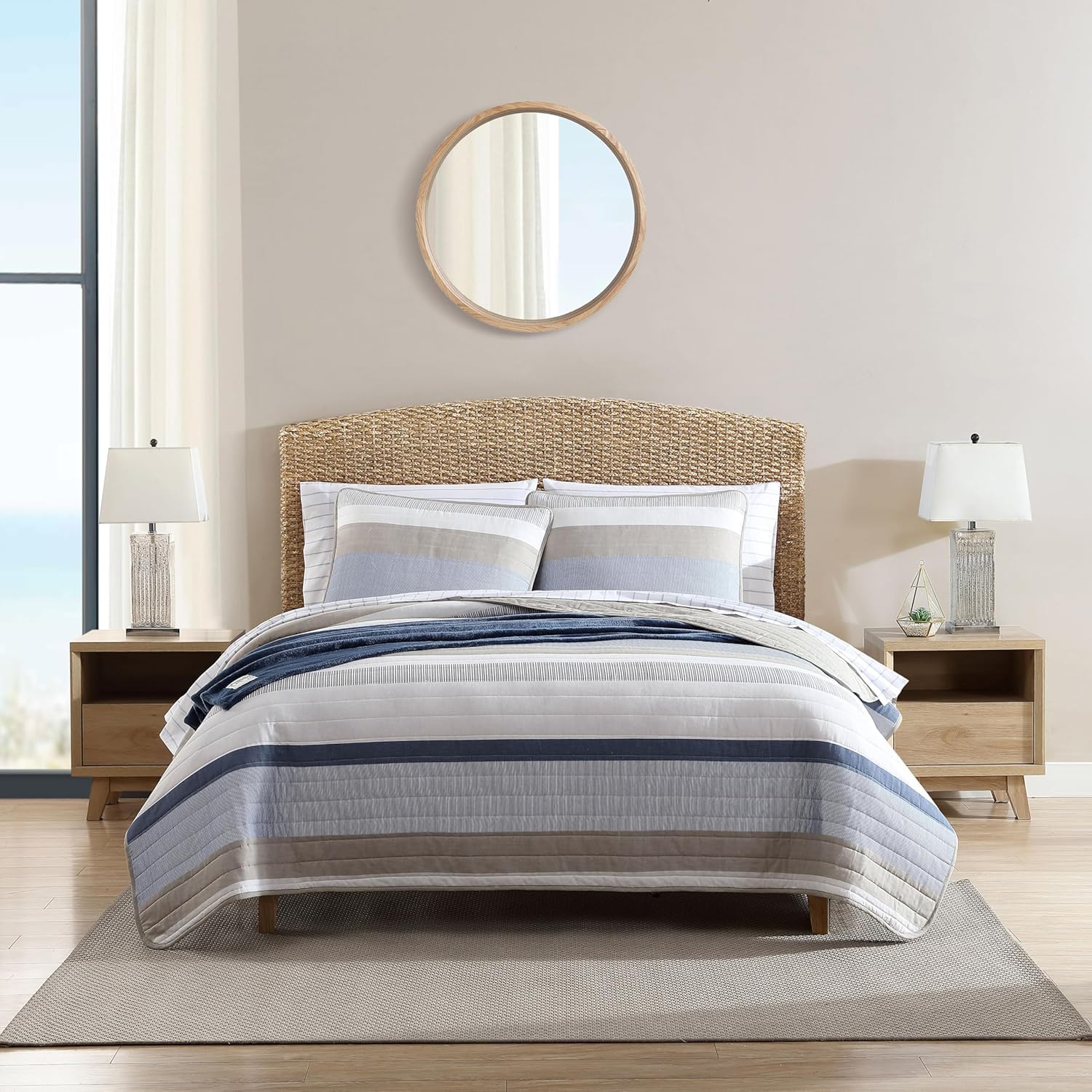 Nautica - Queen Quilt Set, Cotton Reversible Bedding With Matching Shams, Home Decor For All Seasons (Blue/Beige/White, Queen)