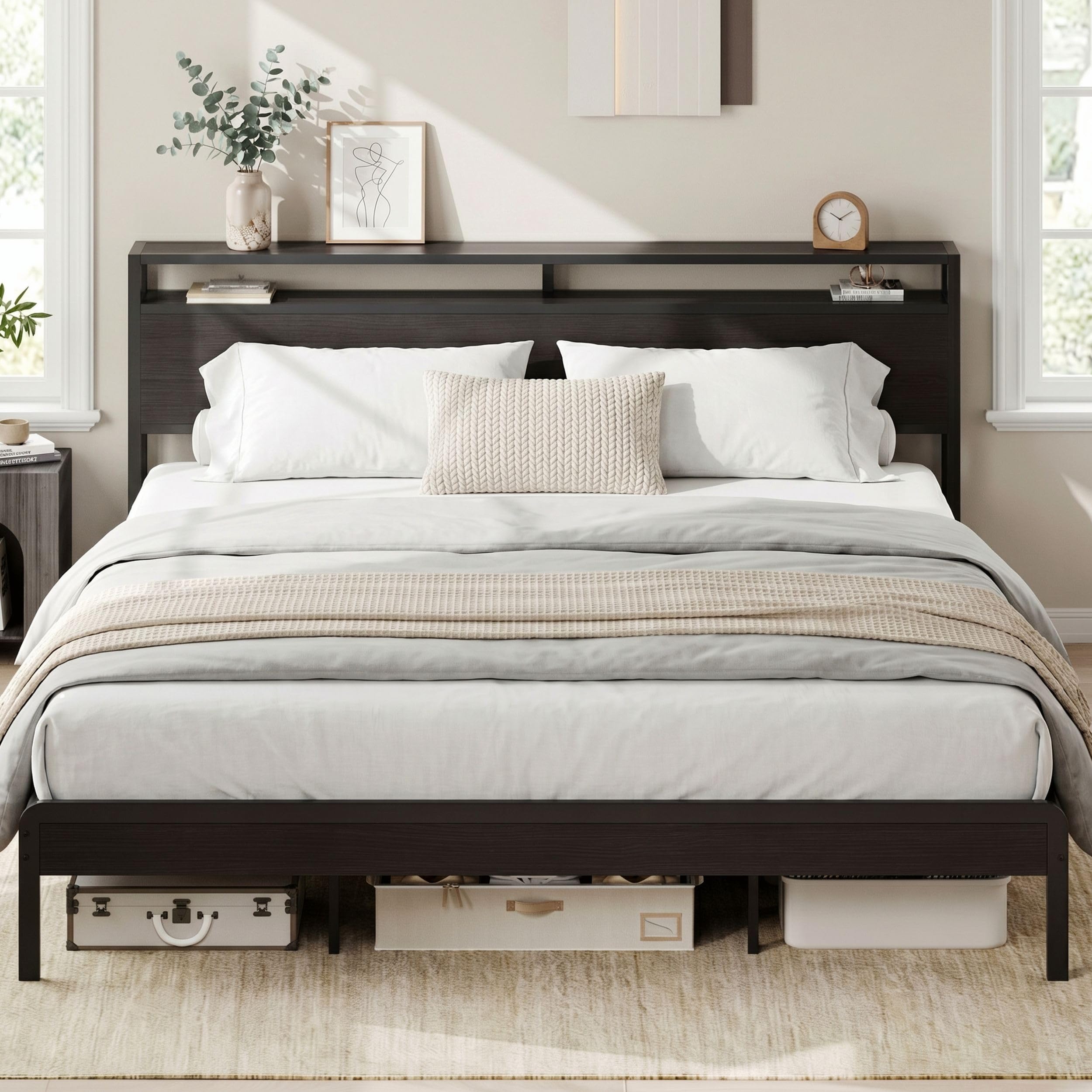 LIKIMIO King Bed Frame with Headboard, Dark Wood Camas King with Strong Supports, Sturdy, Noise-Free, No Box Spring Needed, Clas