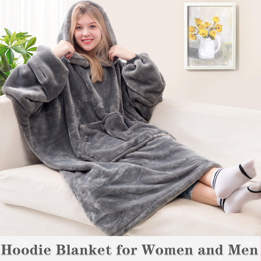Waitu Wearable Blanket Hoodie, Thick Flannel, Adult Size, Gray, Model HGBK622 - Super Warm & Cozy with Sleeves and Giant Pocket