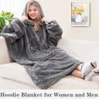Waitu Wearable Blanket Hoodie, Thick Flannel, Adult Size, Gray, Model HGBK622 - Super Warm & Cozy with Sleeves and Giant Pocket