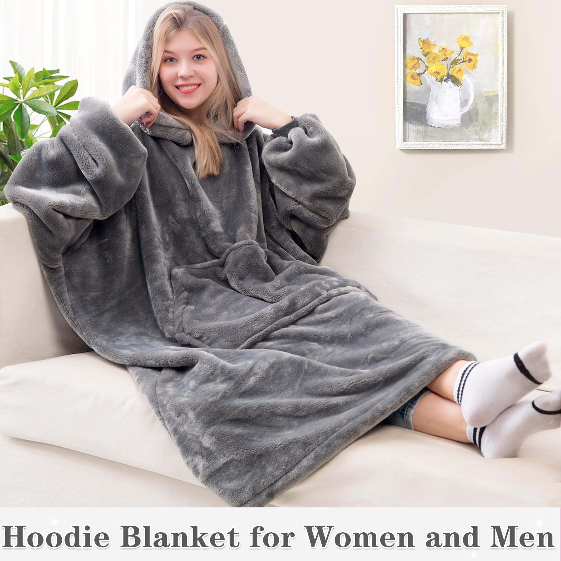 Waitu Wearable Blanket Hoodie, Thick Flannel, Adult Size, Gray, Model HGBK622 - Super Warm & Cozy with Sleeves and Giant Pocket