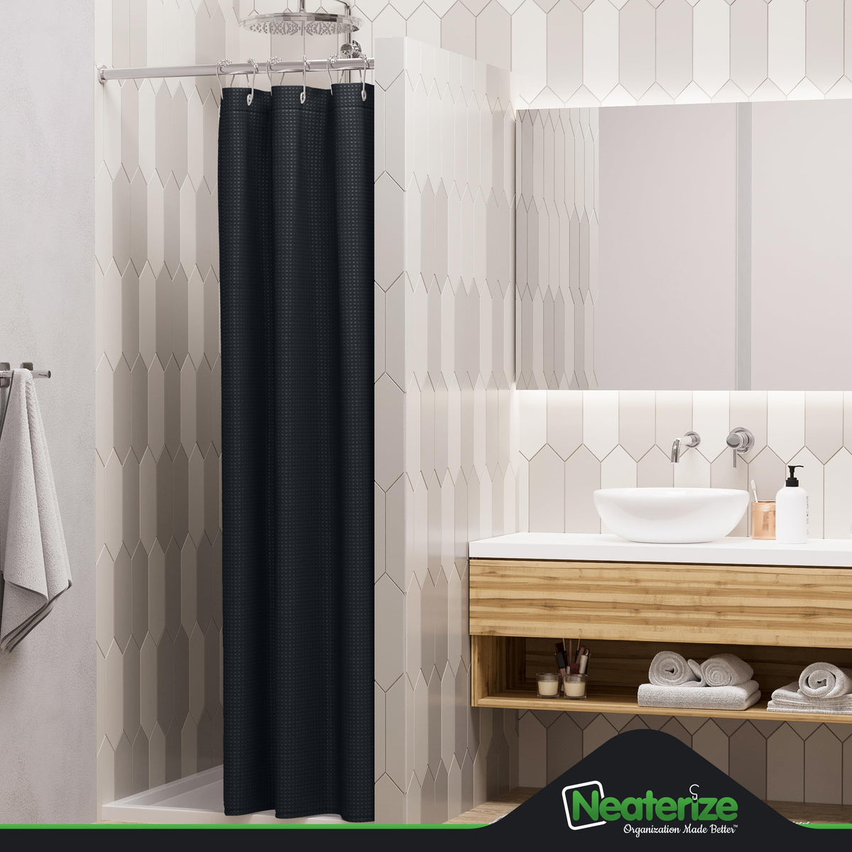 Neaterize Stall Shower Curtain Black - Hotel Style Black Shower Curtains For Bathroom With Waffle Design, 36X72 Inches - Fabric