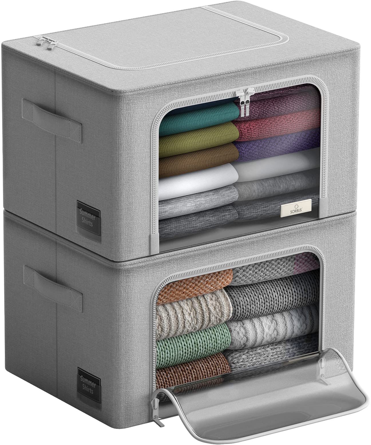 Storage Bins with Metal Frame - Stackable & Foldable Clothes Organizer Bags - Oxford Fabric Storage Containers with Large Clear 