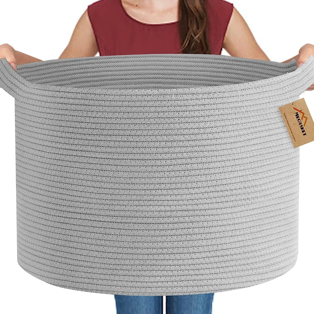 Megasket Extra Large Grey Storage Basket, 22inch X 22inch X 14inch Xxxl Blanket Basket For Living Room, Gray Wicker Woven Cotton Rope Bas