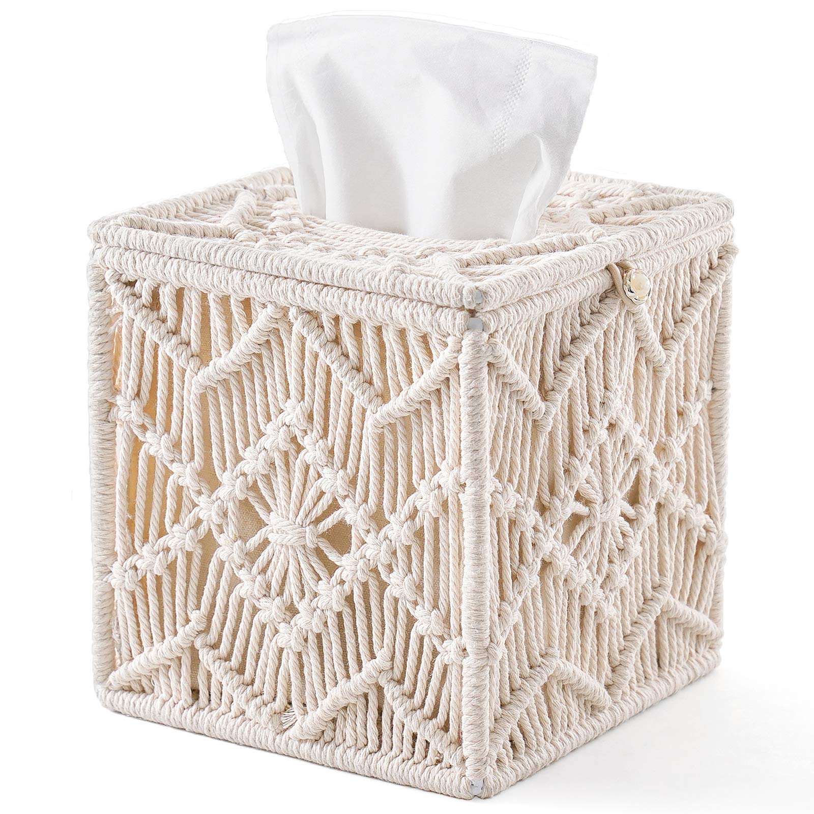 Mkono Tissue Box Cover Boho Decor Square Tissues Holder with Bead Buckle, Woven Macrame Napkin Facial Paper Organizer Home Desk 