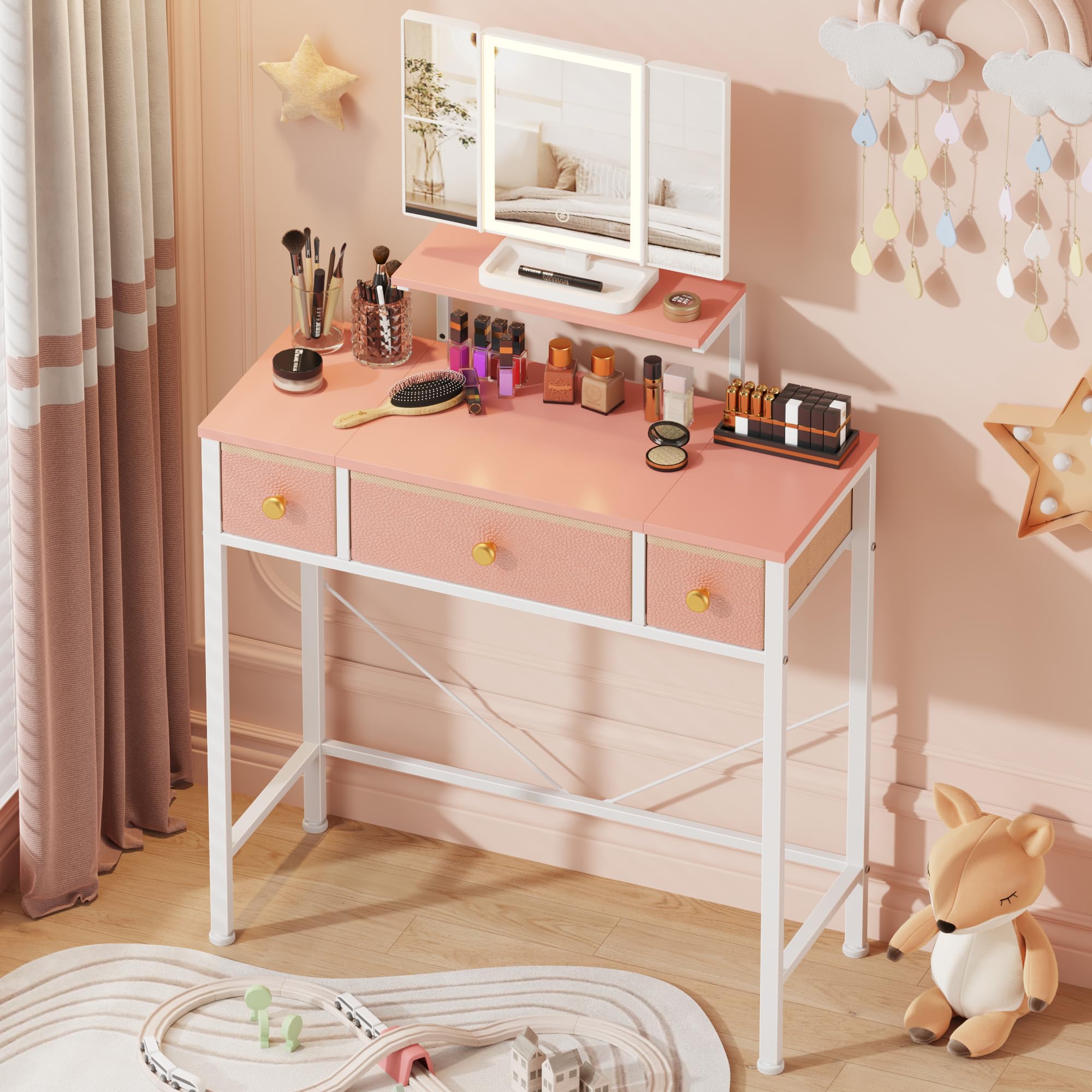 HIGDBFE Small Makeup Vanity Desk 27.5W with Mirror and Lights, Vanity Desk with 3 Fabric Drawers and Height-Adjustable Stand, 