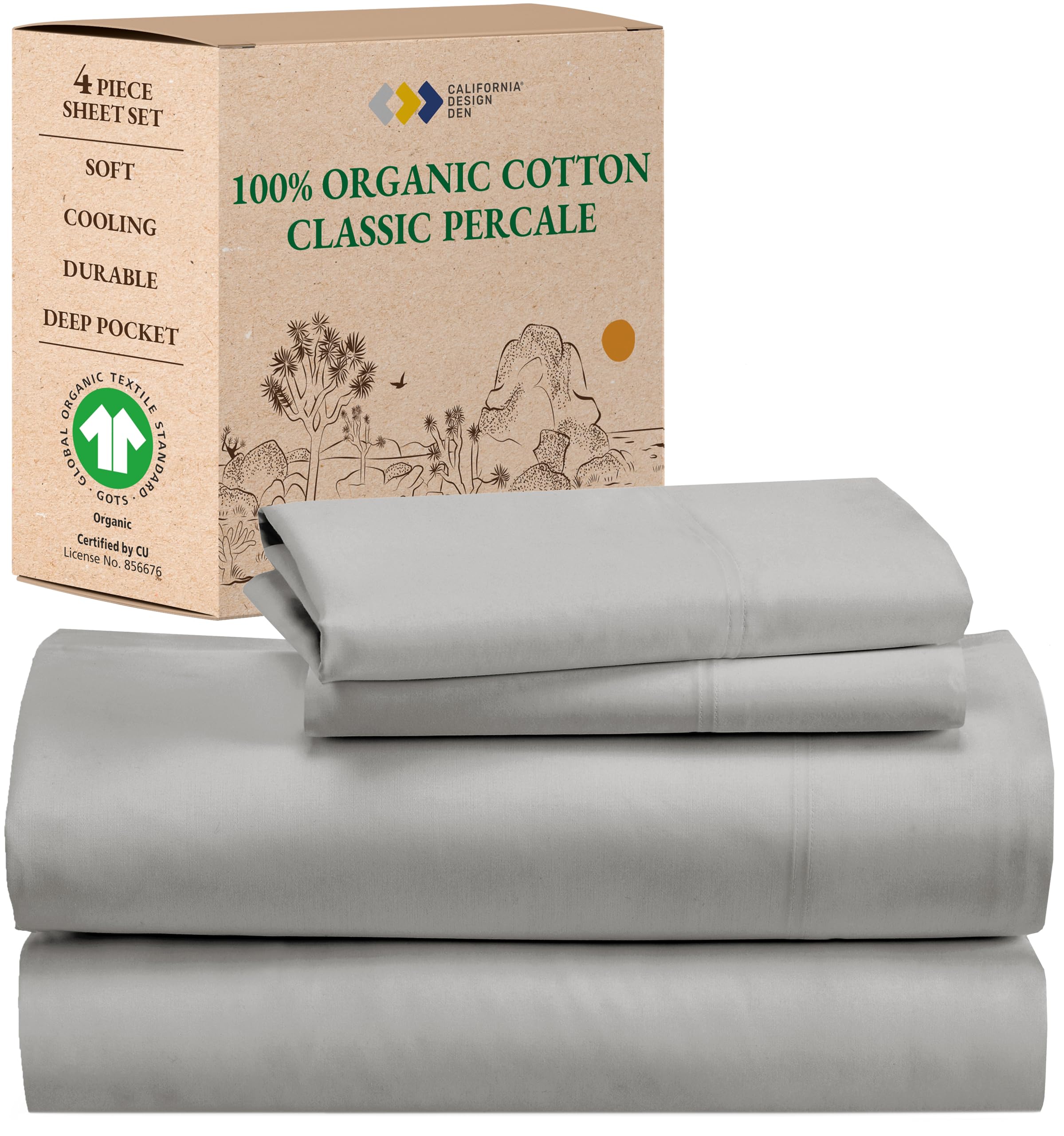 California Design Den Percale Full Size Sheet Set, Deep Pocket 100% Organic Cotton Sheets, Gots Certified, Soft, Breathable & Cooling Sheets Full Size Bed, Light Grey Sheets