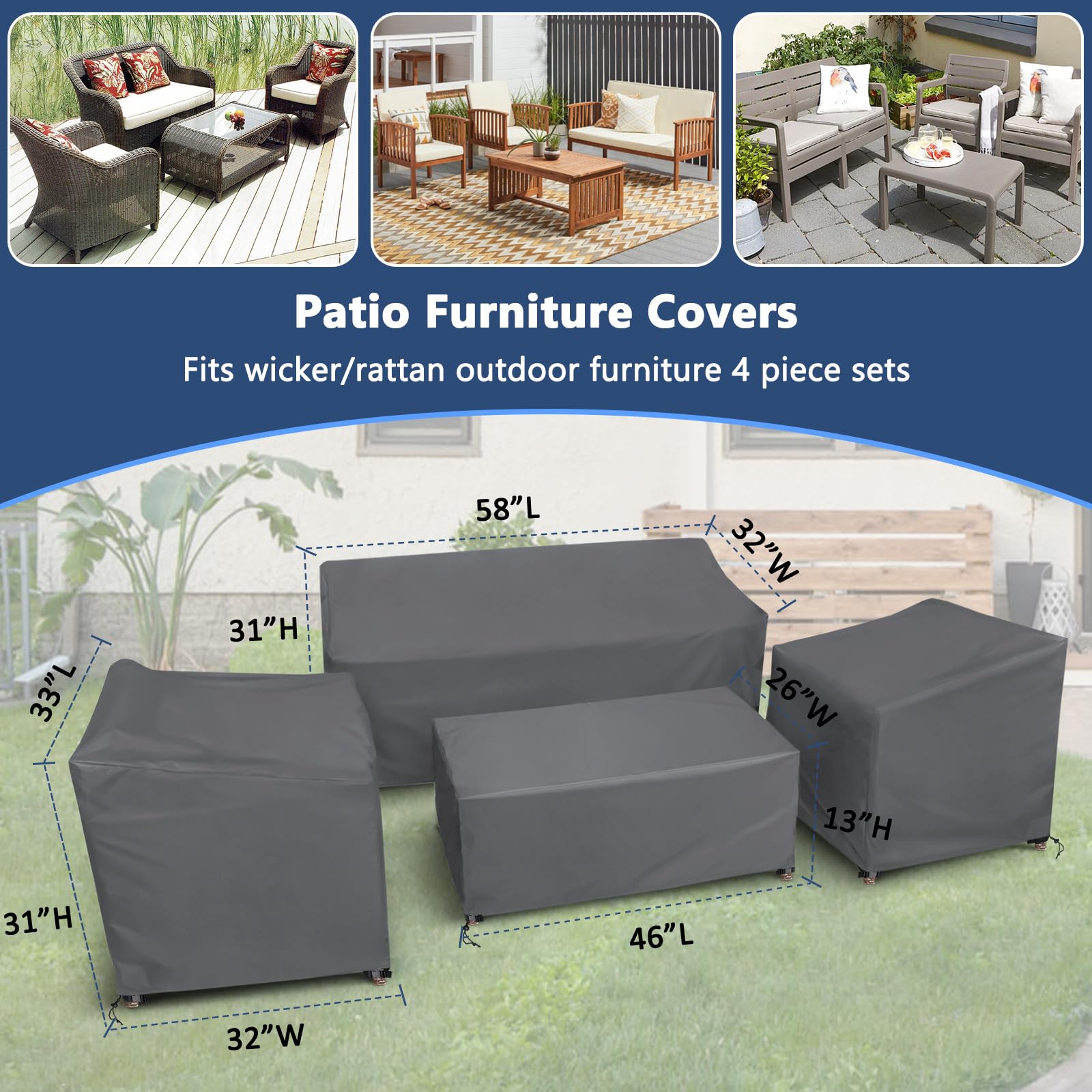 Startwo Patio Furniture Covers, 4 Piece Heavy Duty Waterproof Outdoor Furniture Cover With Windproof Buckle Strap, For Lawn Rattan Wicker Couch Chair Set, Grey