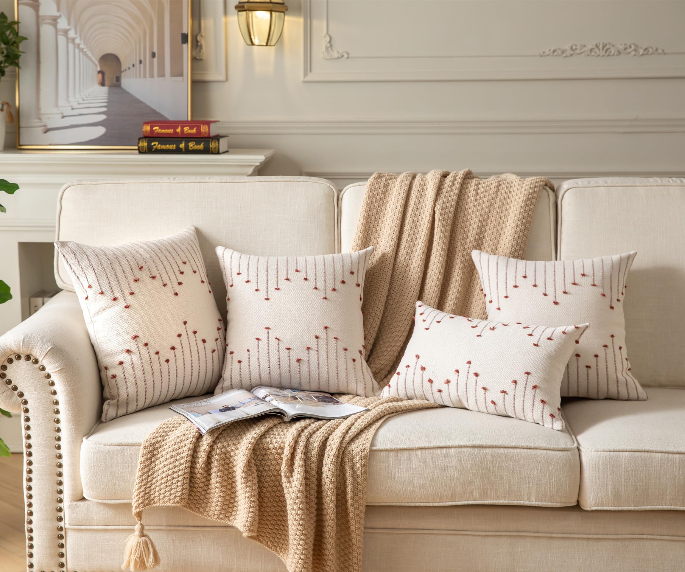 Caflife Boho Throw Pillow Covers 12X20 Set Of 2 Decorative Pillows For Bed, Neutral Pillow Covers Beige With Rust Line Throw Pil