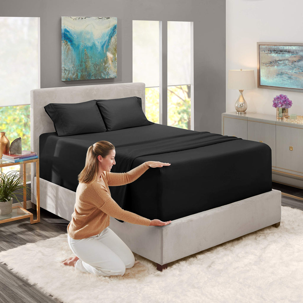 Extra Deep Pocket Fitted Sheet - Super Deep California King Fitted 4 Piece Sheet Set - Ultra Deep Pocket Sheets - Extra Deep Microfiber Sheets - Deep Bed Sheets - 84 X 72 Inches - Black