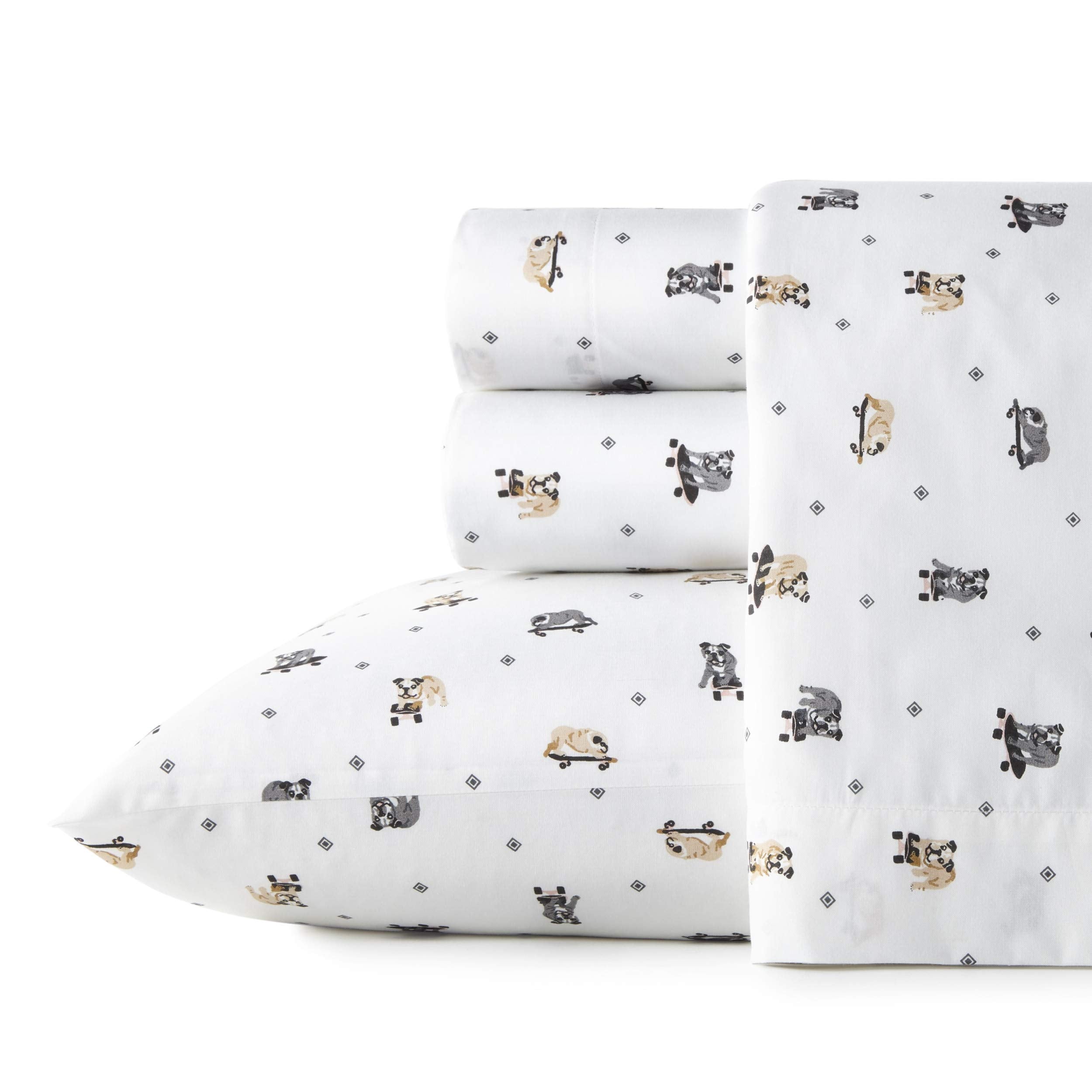 Poppy & Fritz - Twin Sheets, Cotton Percale Bedding Set, Crisp & Cool, Lightweight Home Decor (Skateboarding Bulldogs, Twin)